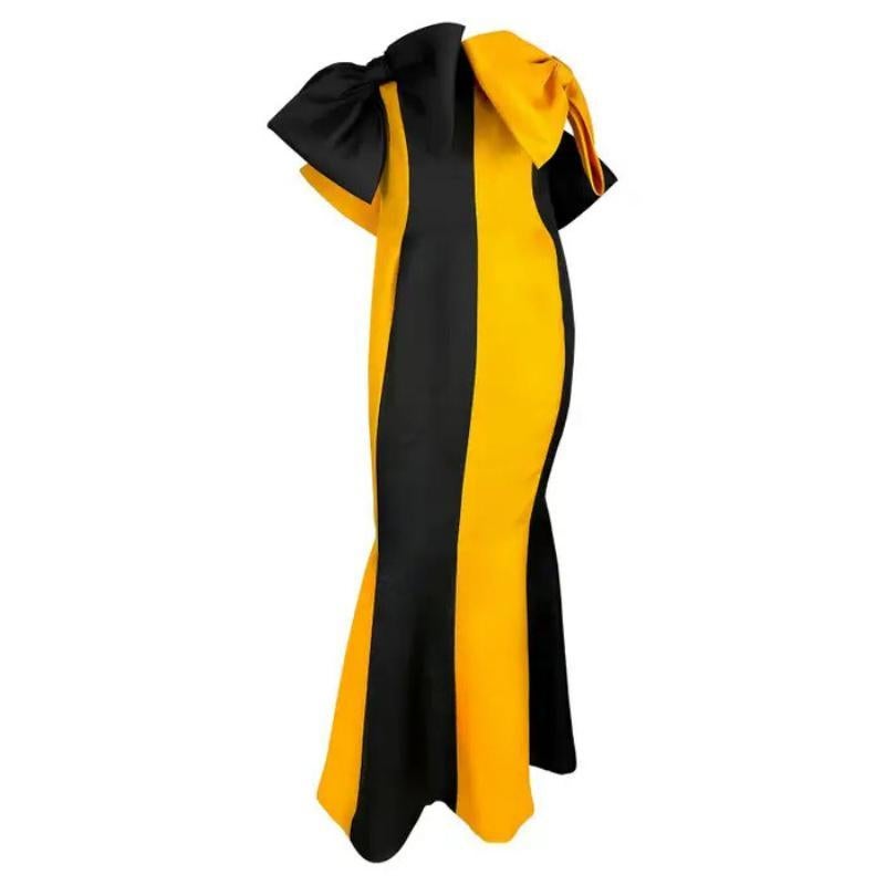 P/E 1987 Givenchy Haute Couture: abito svasato a tromba con fiocco giallo e nero in vendita
