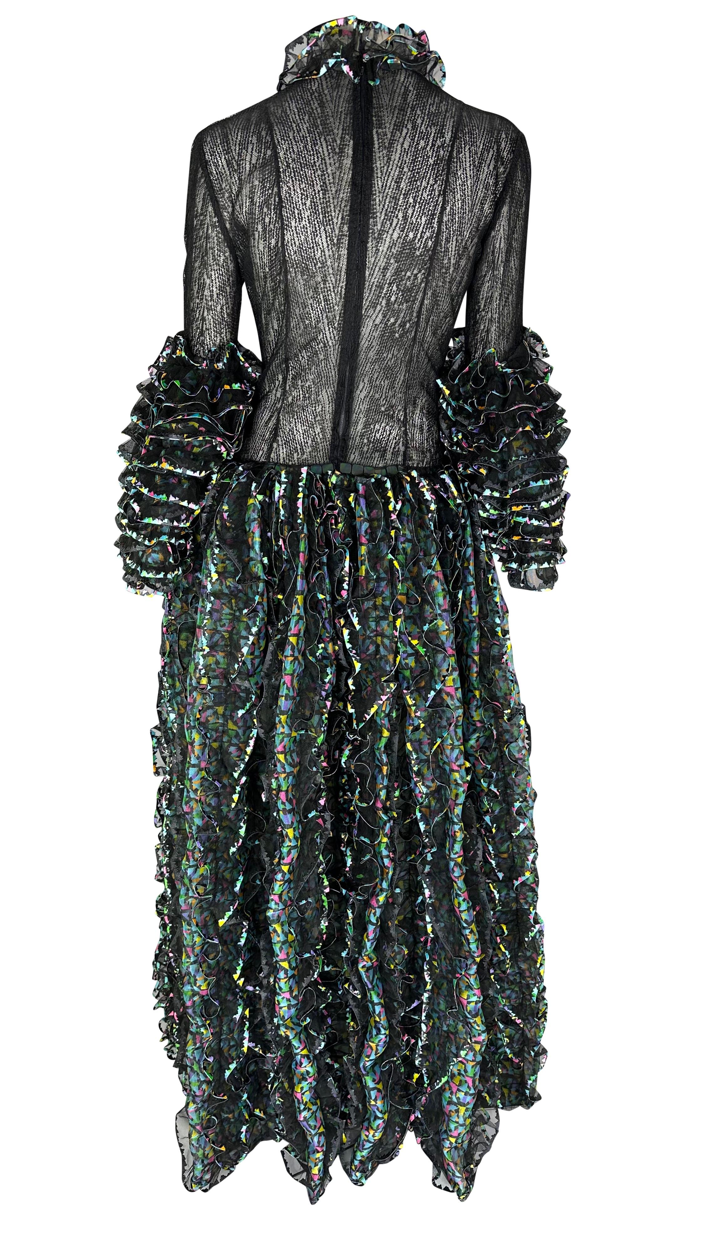 S/S 1987 Paco Rabanne Haute Couture Runway Sheer Embroidered Ruffle Gown For Sale 4