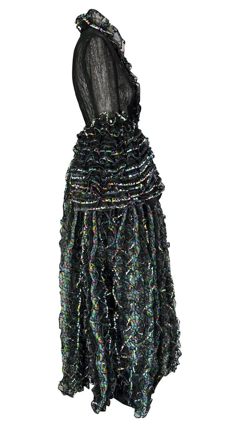 S/S 1987 Paco Rabanne Haute Couture Runway Sheer Embroidered Ruffle Gown For Sale 7