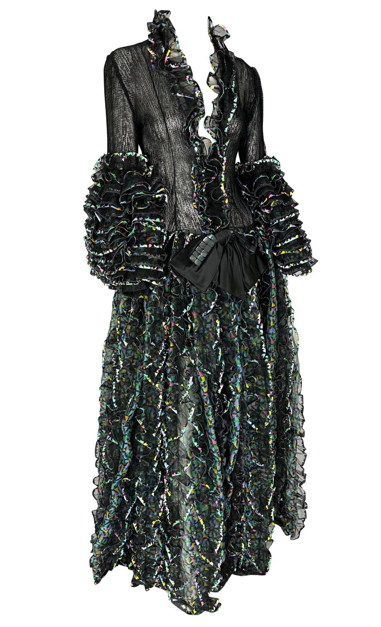 S/S 1987 Paco Rabanne Haute Couture Runway Sheer Embroidered Ruffle Gown For Sale 8