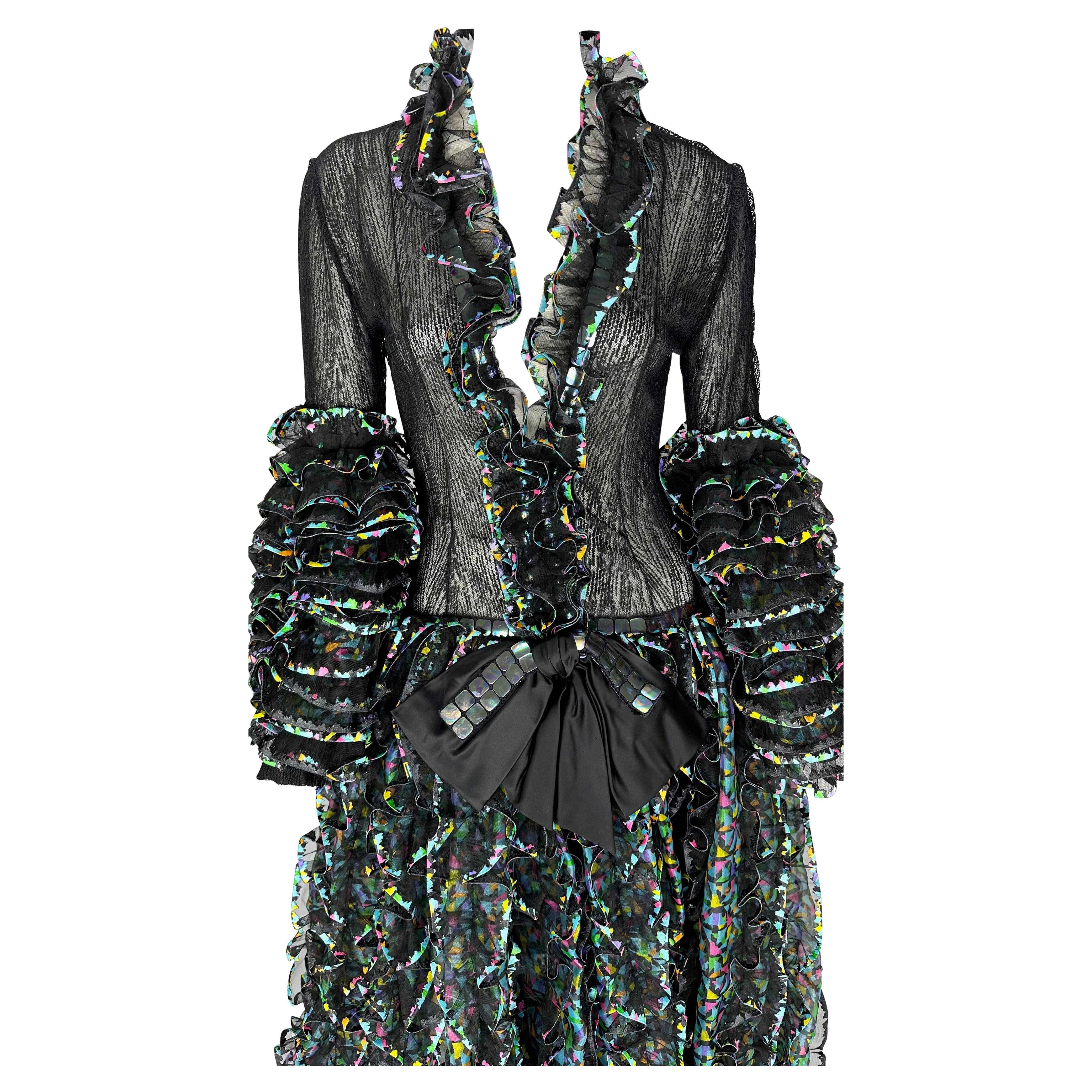 S/S 1987 Paco Rabanne Pasarela de Alta Costura Vestido de volantes bordados transparentes Negro en venta
