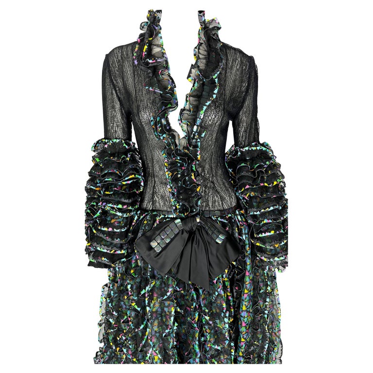 S/S 1987 Paco Rabanne Haute Couture Runway Sheer Embroidered Ruffle Gown In Excellent Condition For Sale In Philadelphia, PA