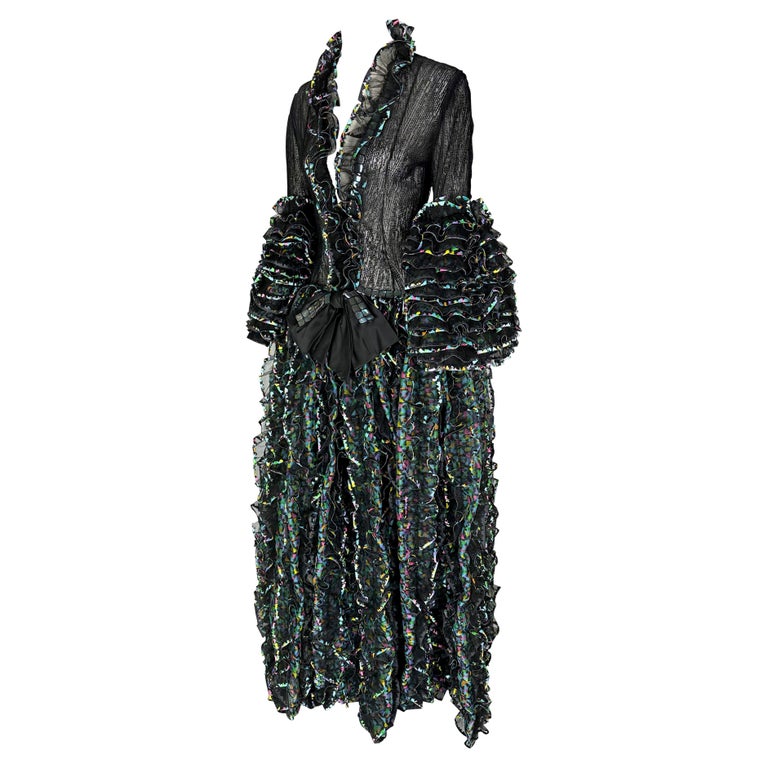 Women's S/S 1987 Paco Rabanne Haute Couture Runway Sheer Embroidered Ruffle Gown For Sale