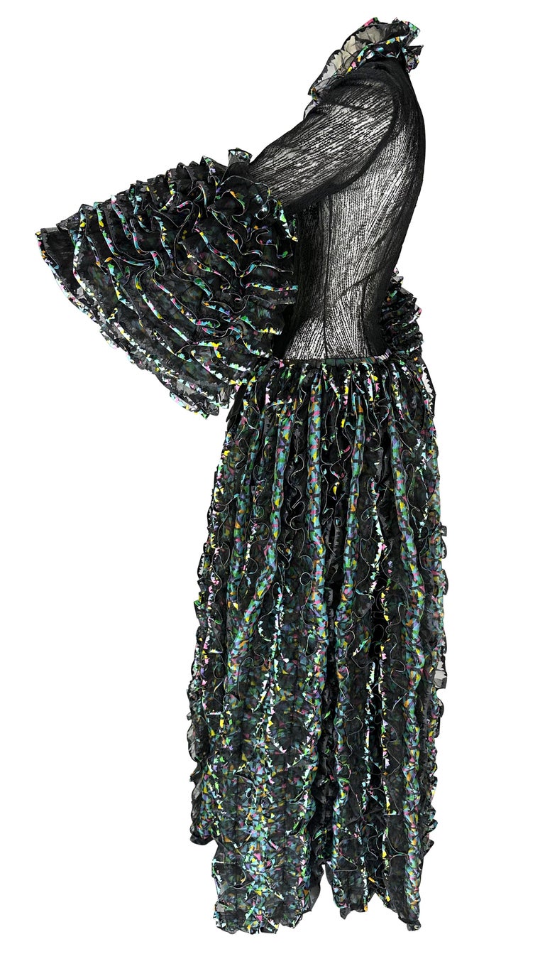 S/S 1987 Paco Rabanne Haute Couture Runway Sheer Embroidered Ruffle Gown For Sale 1