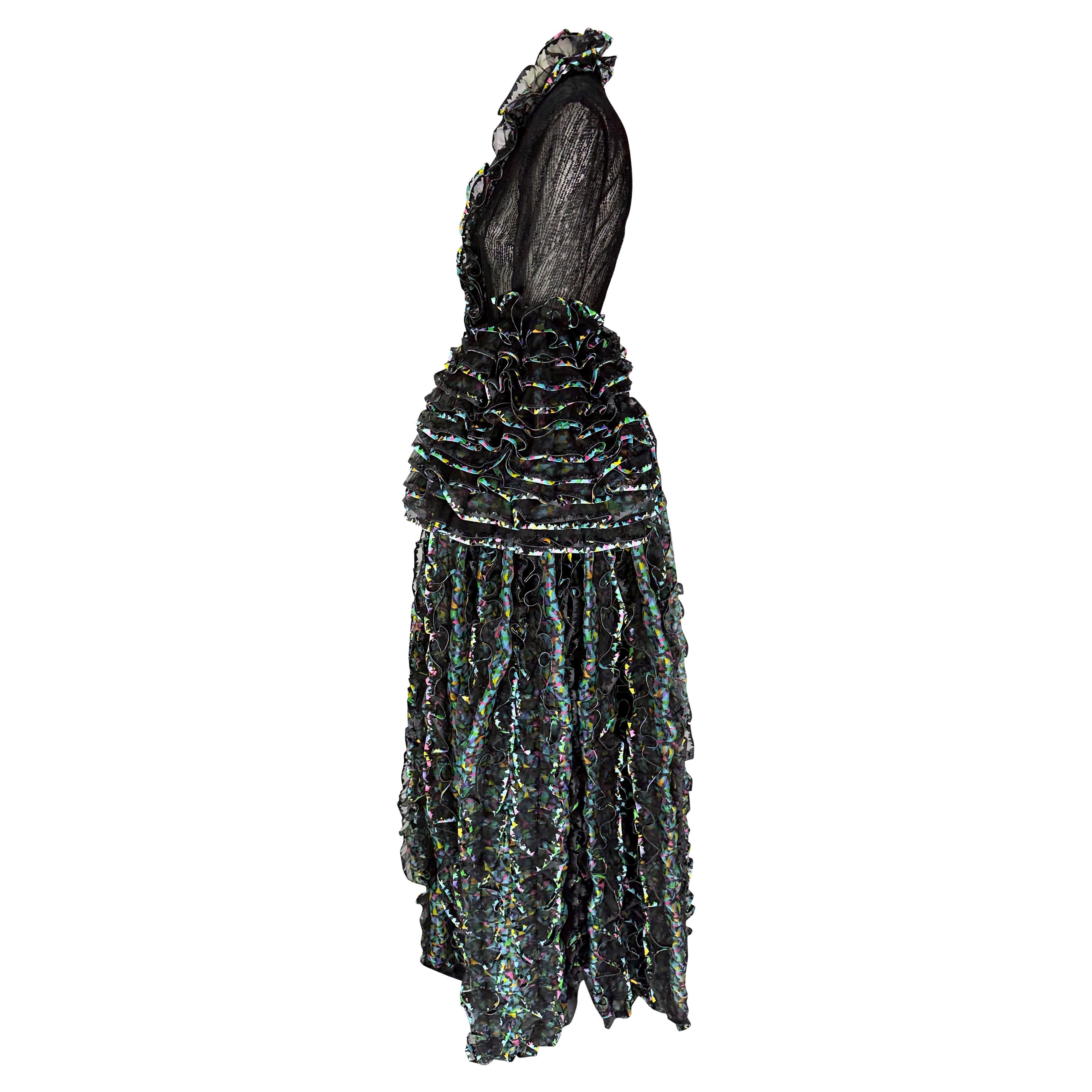 S/S 1987 Paco Rabanne Haute Couture Runway Sheer Embroidered Ruffle Gown For Sale 1