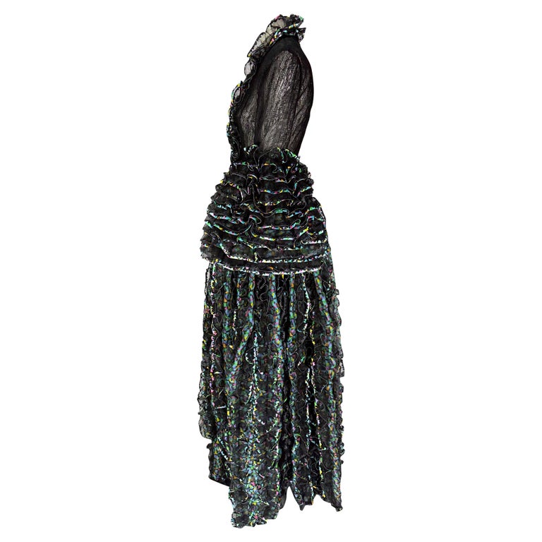 S/S 1987 Paco Rabanne Haute Couture Runway Sheer Embroidered Ruffle Gown For Sale 3