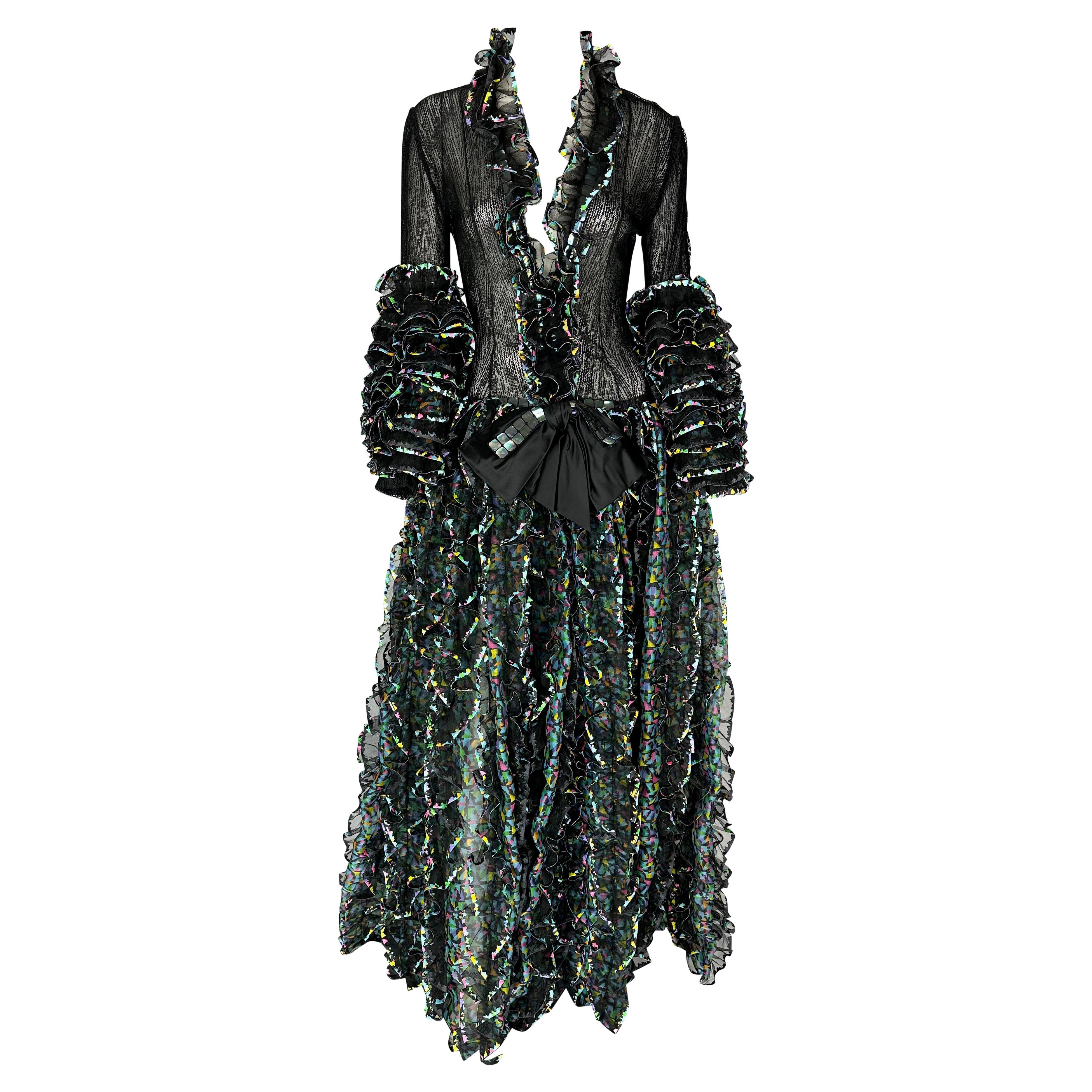S/S 1987 Paco Rabanne Haute Couture Runway Sheer Embroidered Ruffle Gown For Sale