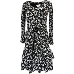 Vintage S/S 1987 Yves Saint Laurent Bow Print Silk Ruffle Dress