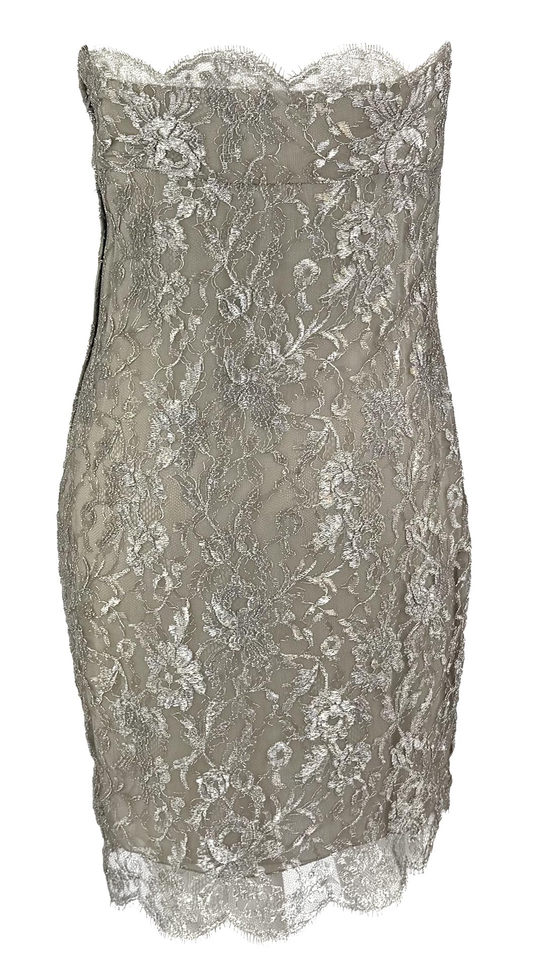 S/S 1988 Calvin Klein Runway Vestido de cóctel de encaje floral plateado metalizado en venta 5