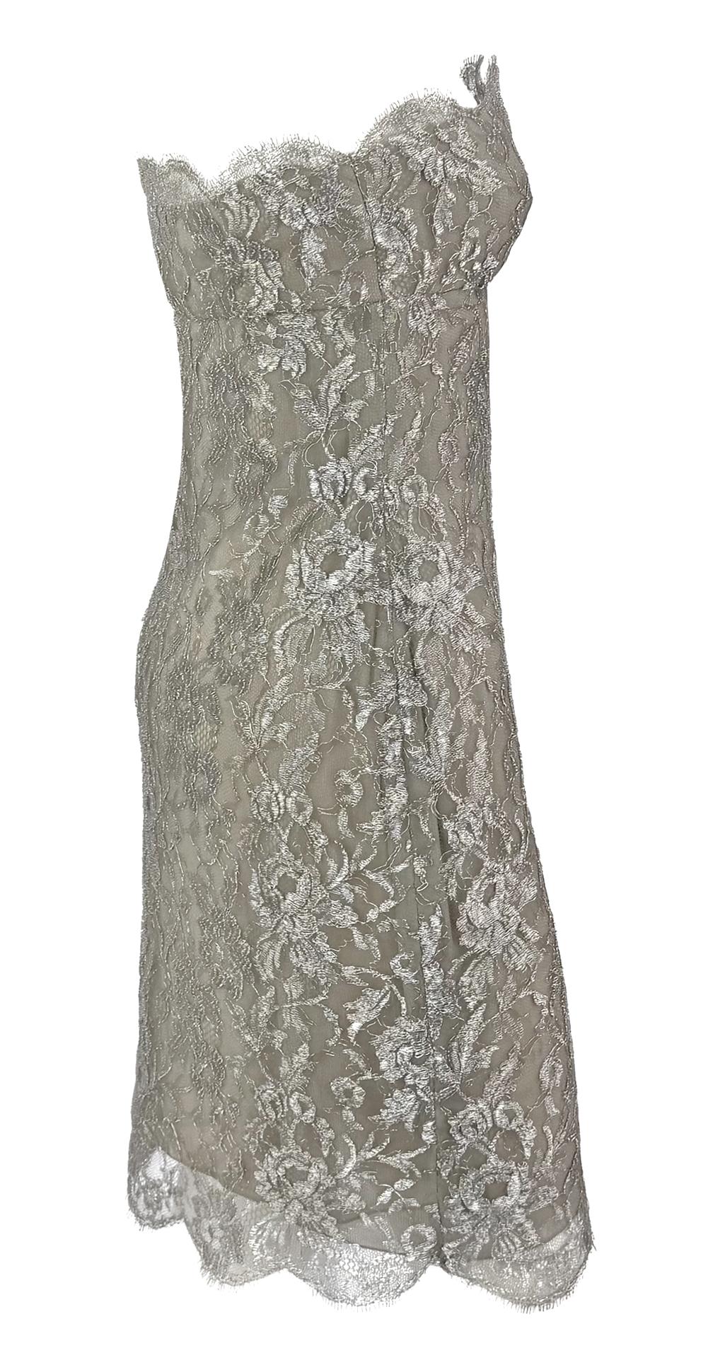 S/S 1988 Calvin Klein Runway Vestido de cóctel de encaje floral plateado metalizado en venta 6