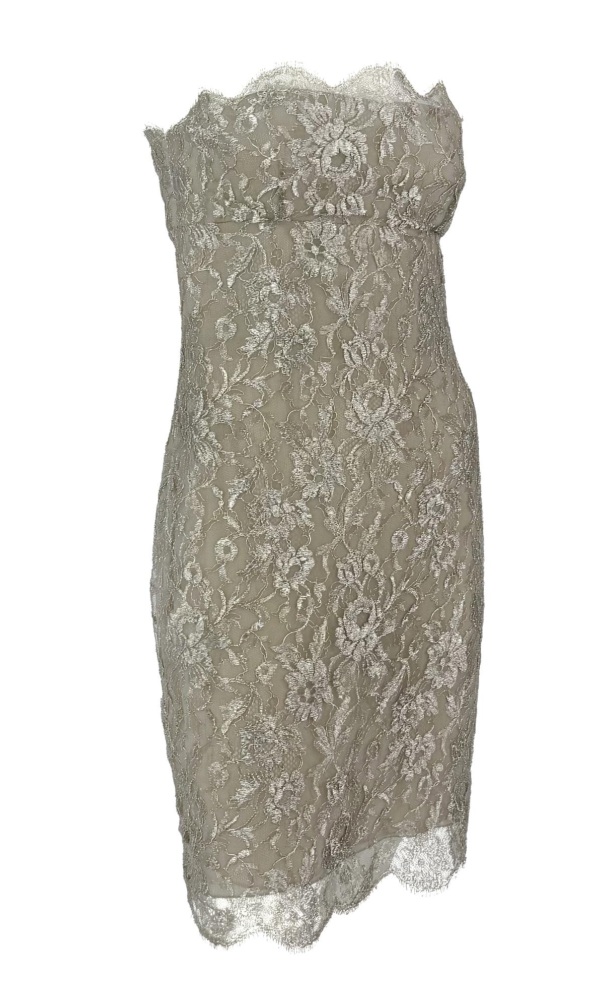 S/S 1988 Calvin Klein Runway Vestido de cóctel de encaje floral plateado metalizado en venta 7