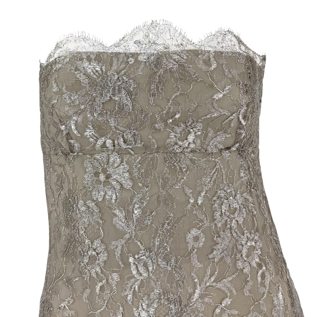S/S 1988 Calvin Klein Runway Vestido de cóctel de encaje floral plateado metalizado Plata en venta