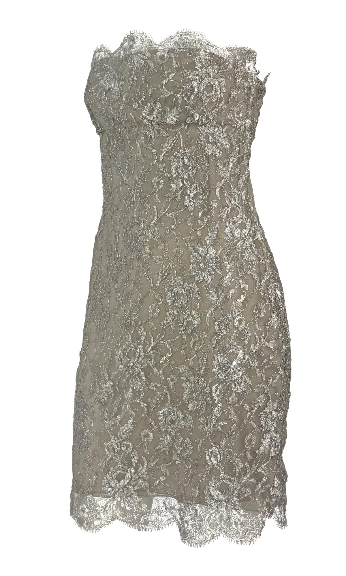 S/S 1988 Calvin Klein Runway Vestido de cóctel de encaje floral plateado metalizado en venta 1