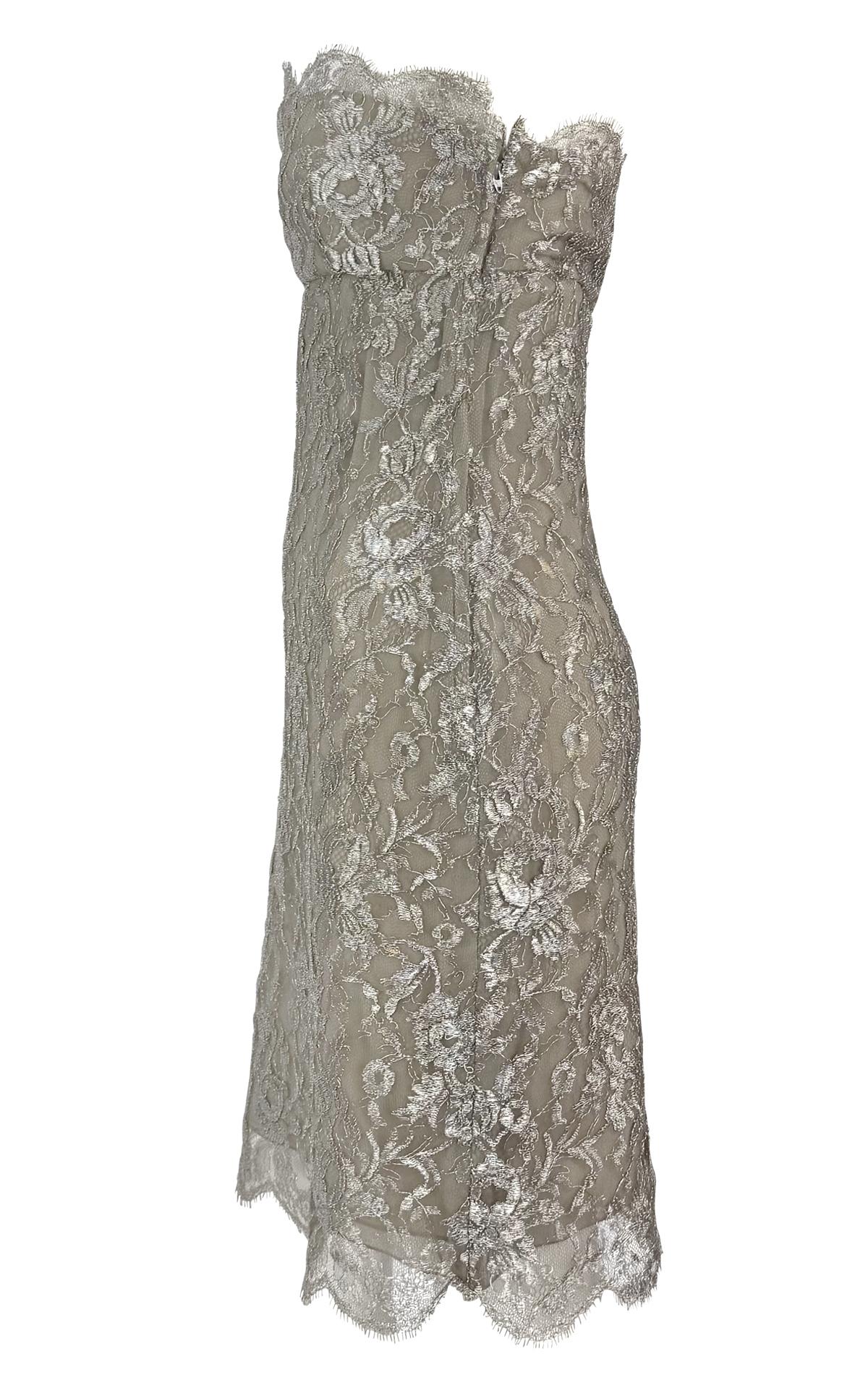 S/S 1988 Calvin Klein Runway Vestido de cóctel de encaje floral plateado metalizado en venta 3