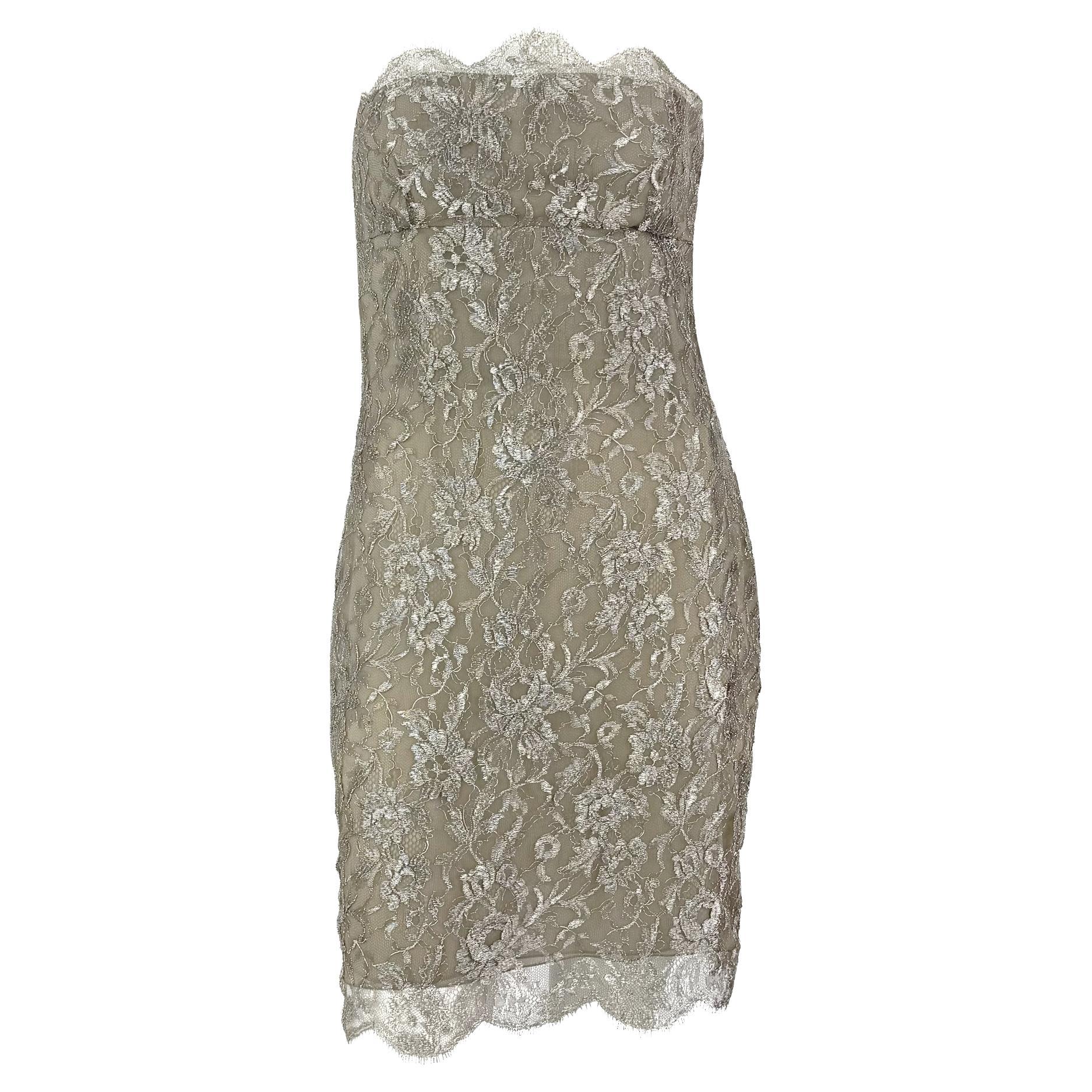 S/S 1988 Calvin Klein Runway Vestido de cóctel de encaje floral plateado metalizado en venta