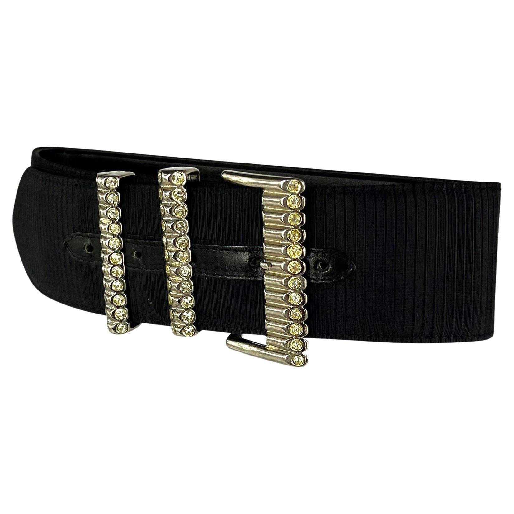 Noir S/S 1988 Gianni Versace Ad oversize Rhinestone Black Ribbed Satin Black Leather en vente