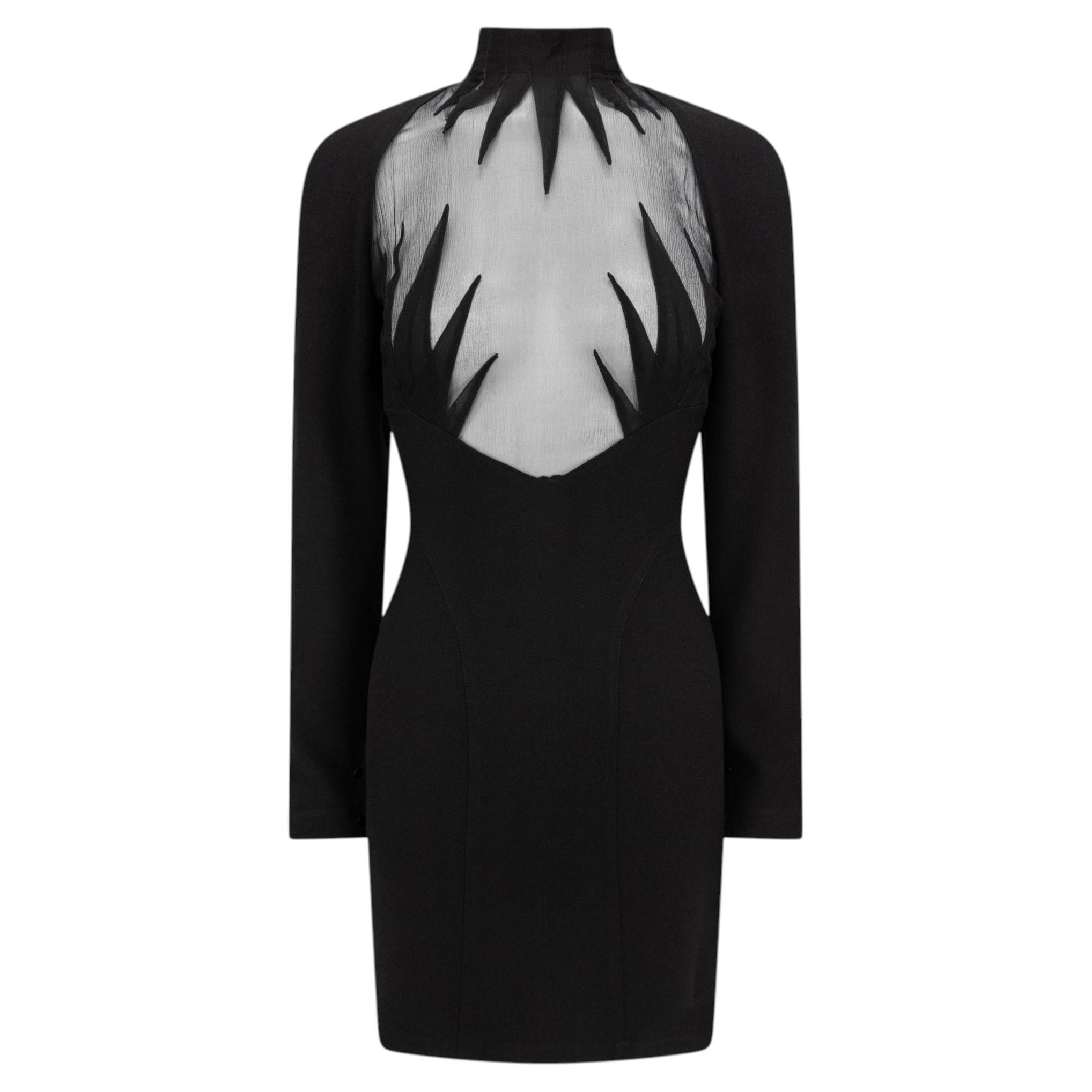 S/S 1988 Thierry Mugler Documented Sheer Black Bust Long Sleeve Mini Dress FR40
