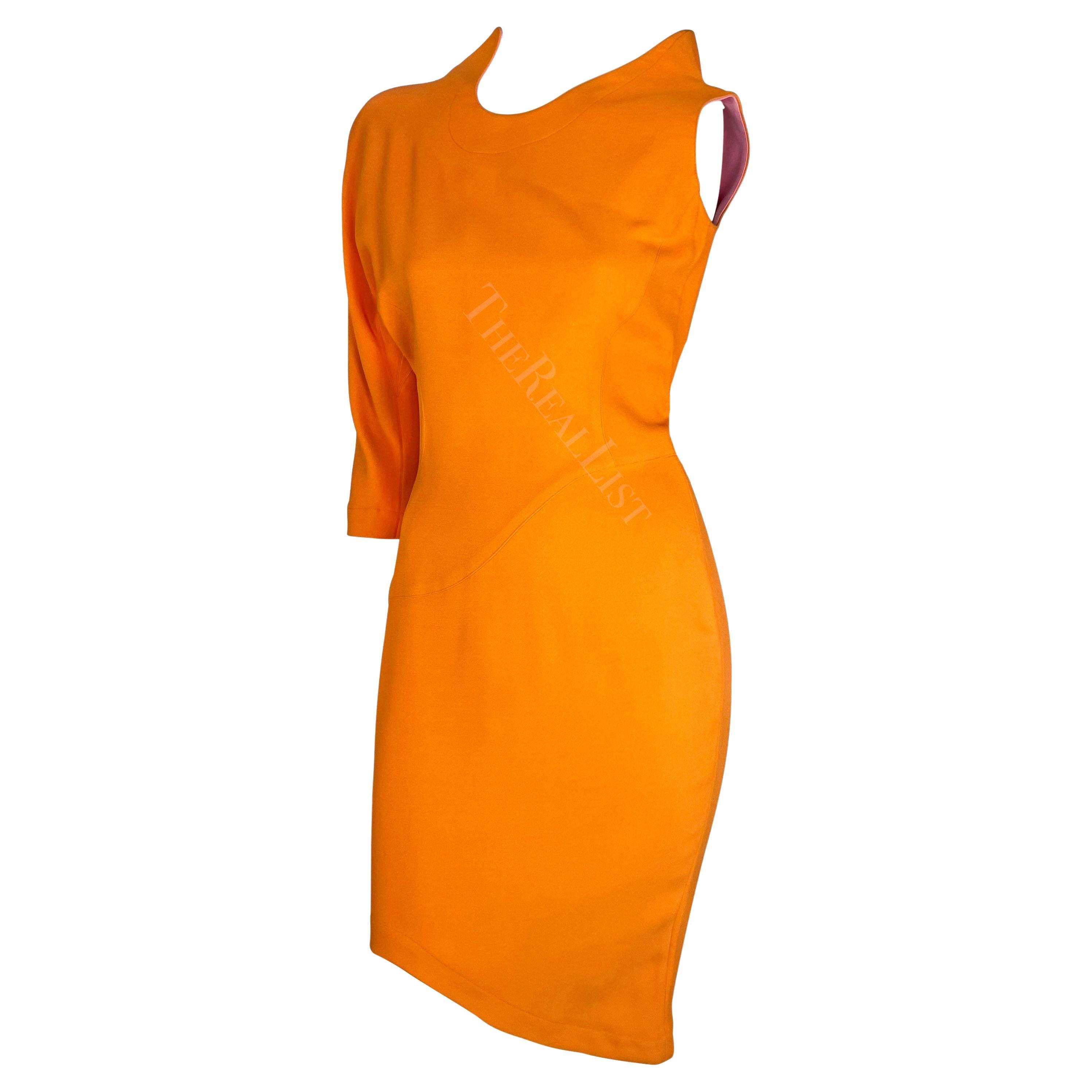 Women's S/S 1988 Thierry Mugler Runway Ad Orange One Sleeve Sculptural Sahara Dress For Sale