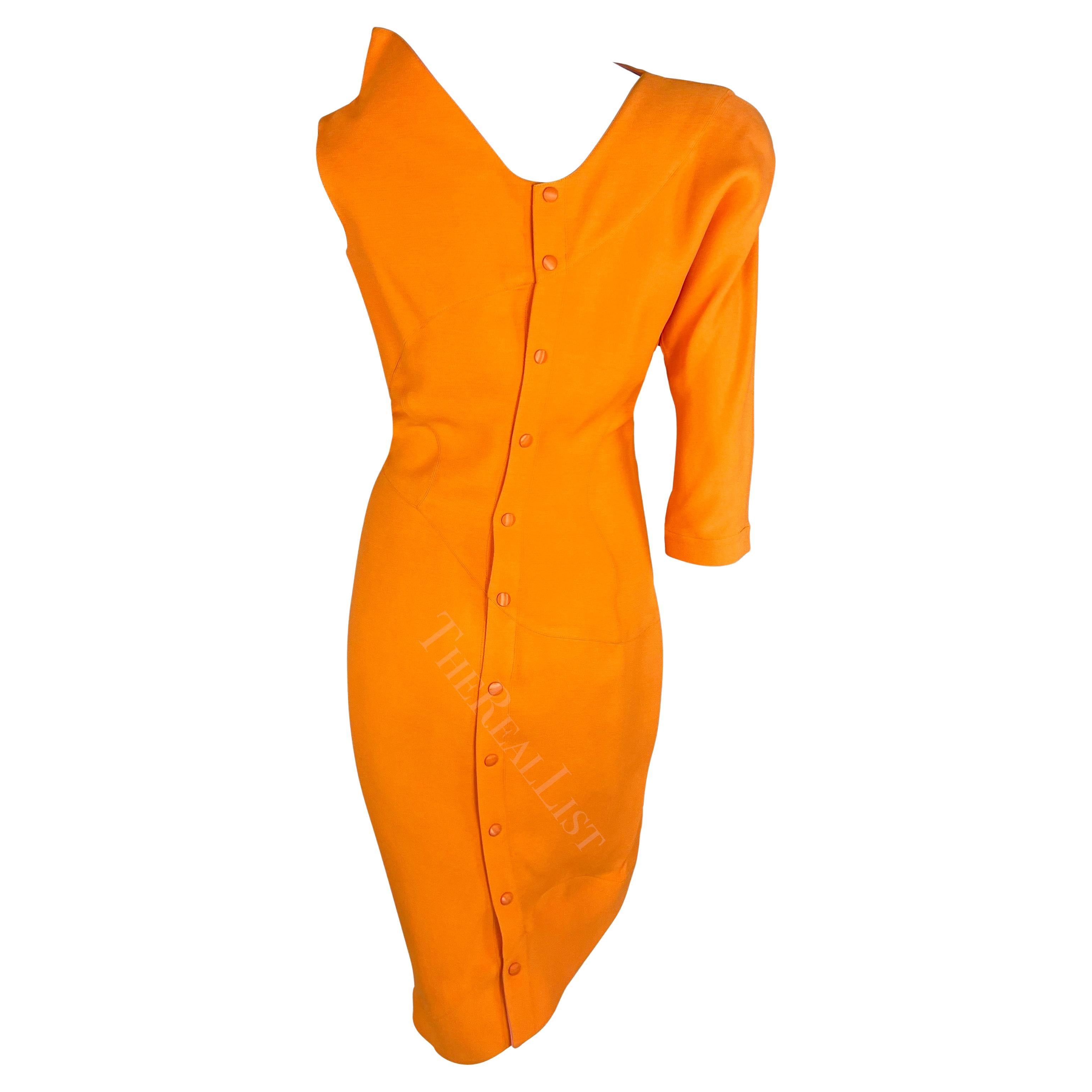 S/S 1988 Thierry Mugler Runway Ad Orange One Sleeve Sculptural Sahara Dress For Sale 3