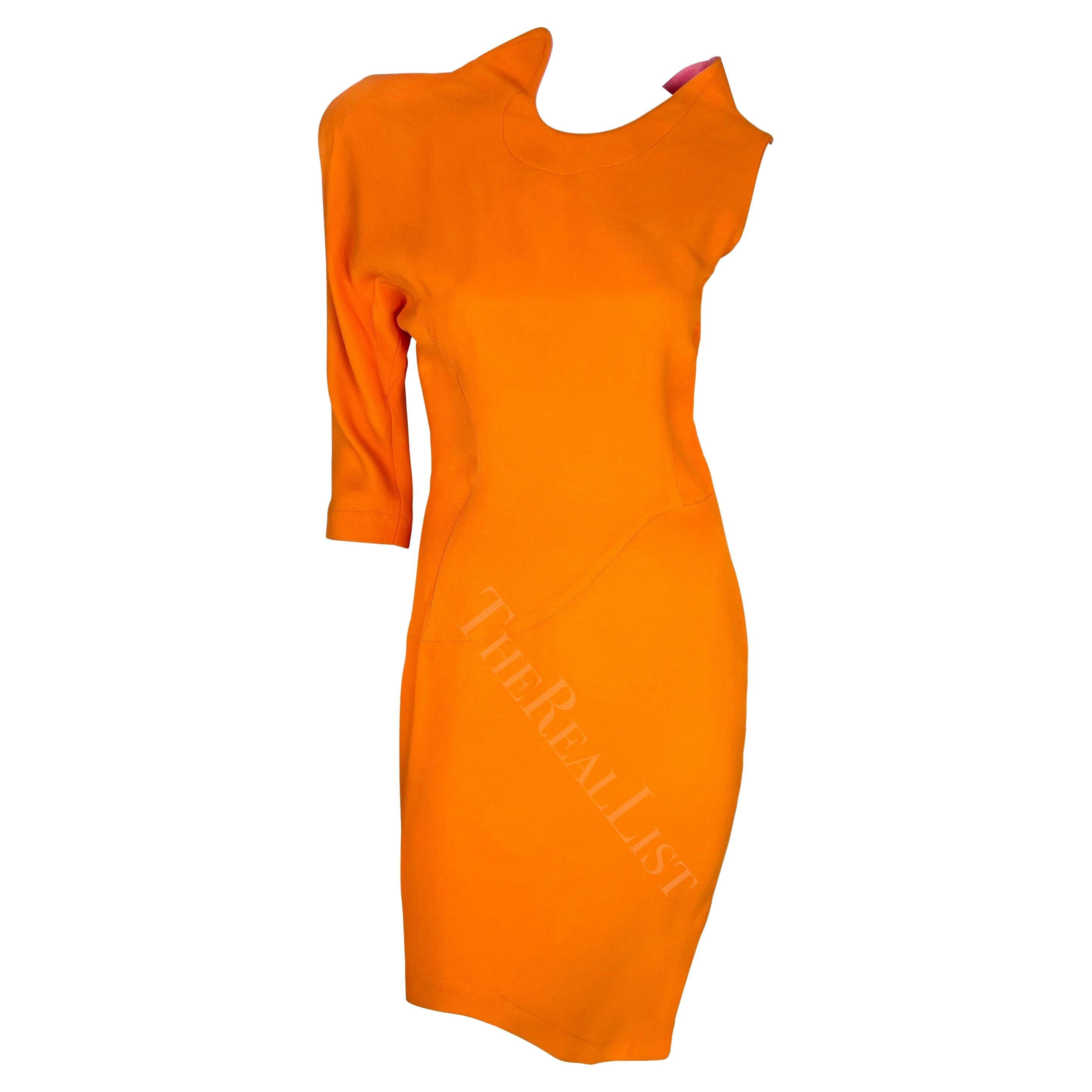 S/S 1988 Thierry Mugler Runway Ad Orange One Sleeve Sculptural Sahara Dress For Sale