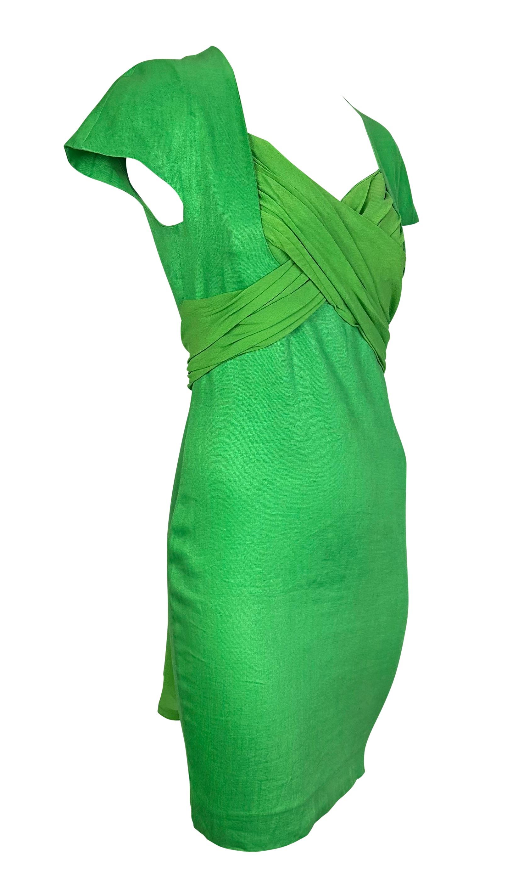 S/S 1989 Gianni Versace Runway Bright Green Linen Chiffon Tie Runway Dress In Good Condition For Sale In West Hollywood, CA