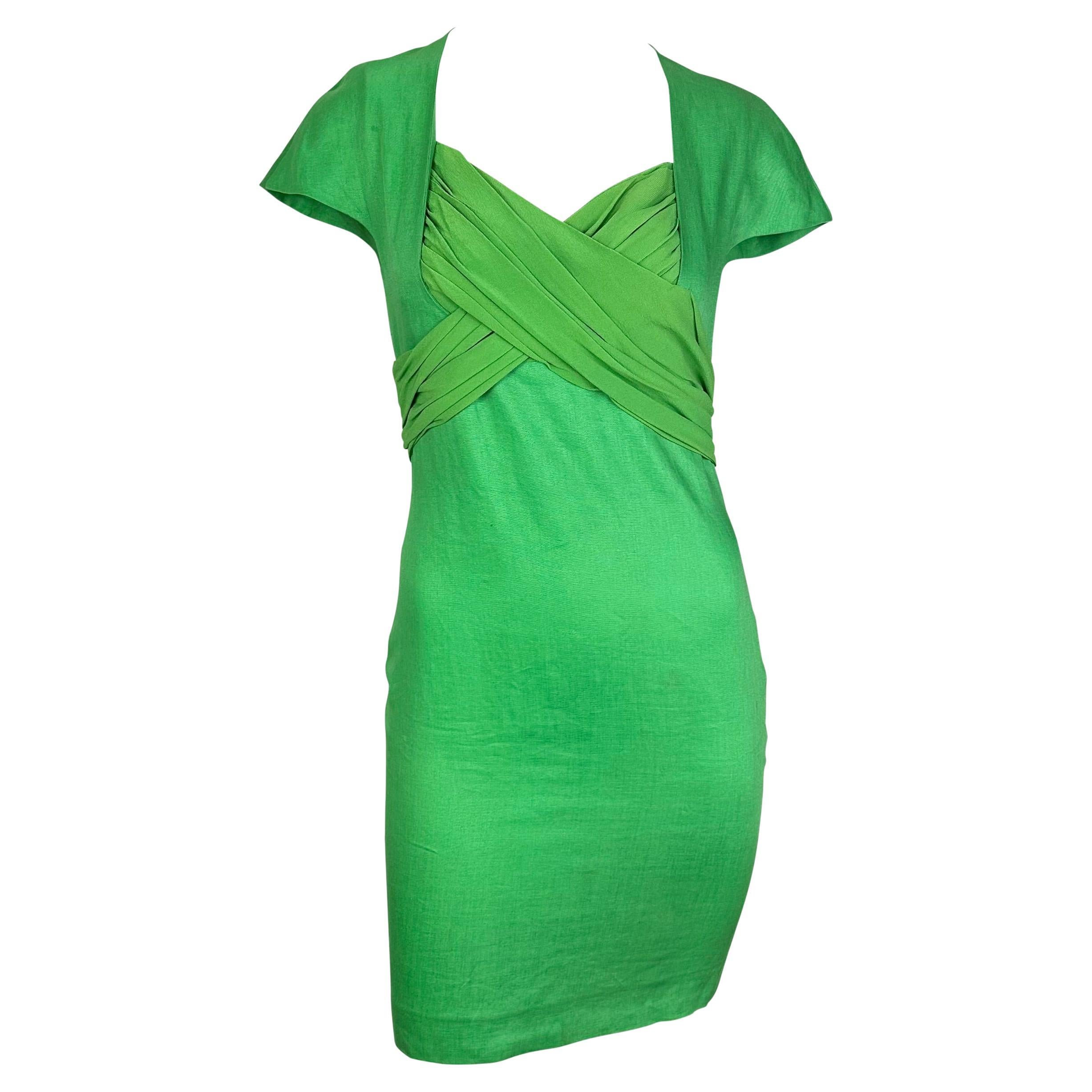 S/S 1989 Gianni Versace Runway Bright Green Linen Chiffon Tie Runway Dress For Sale
