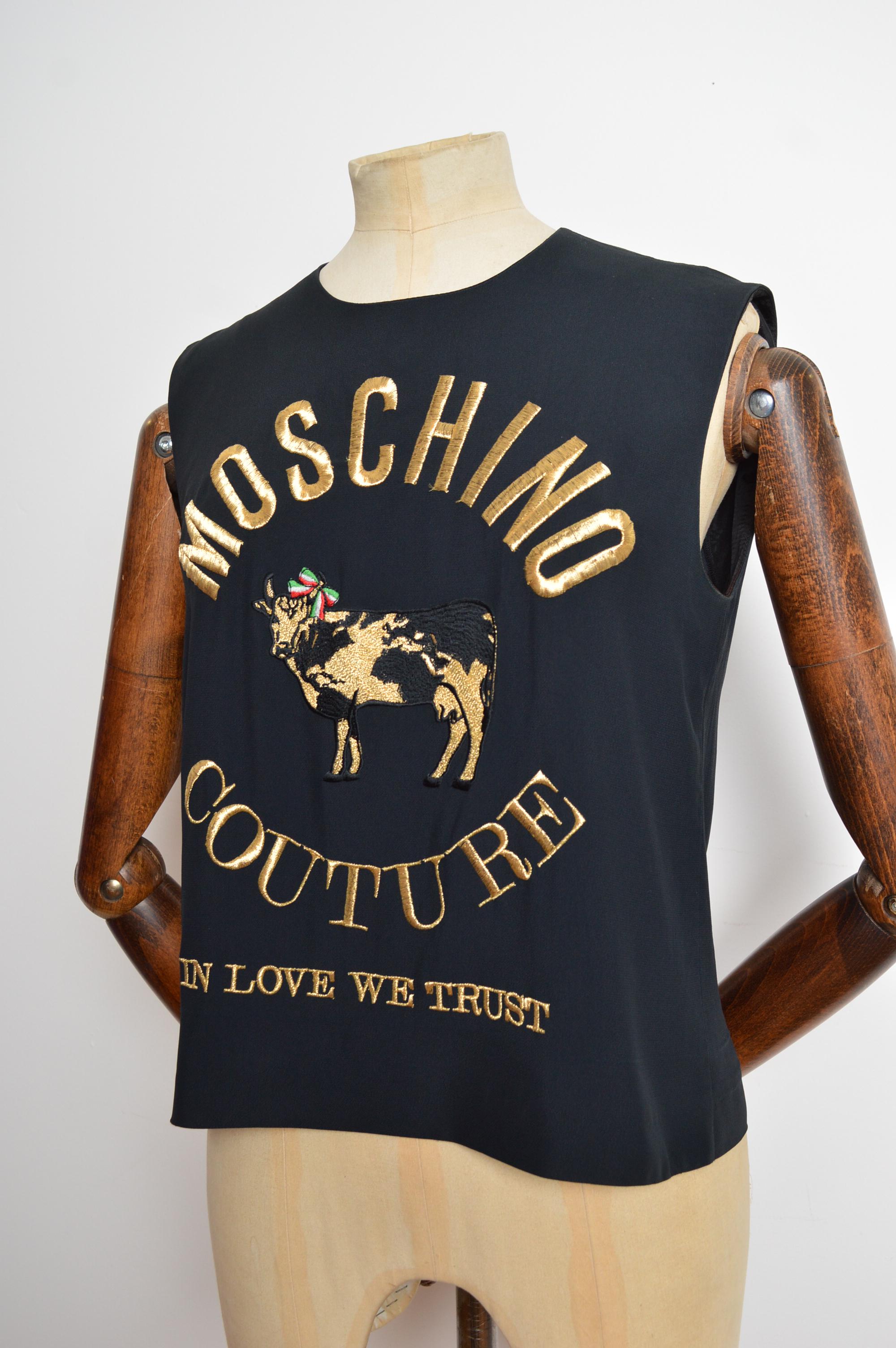 S/S 1989 MOSCHINO Couture Black Sleeveless Blouse Gold Embroidered Top For Sale 1