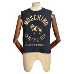 S/S 1989 MOSCHINO Couture Black Sleeveless Blouse Gold Embroidered Top