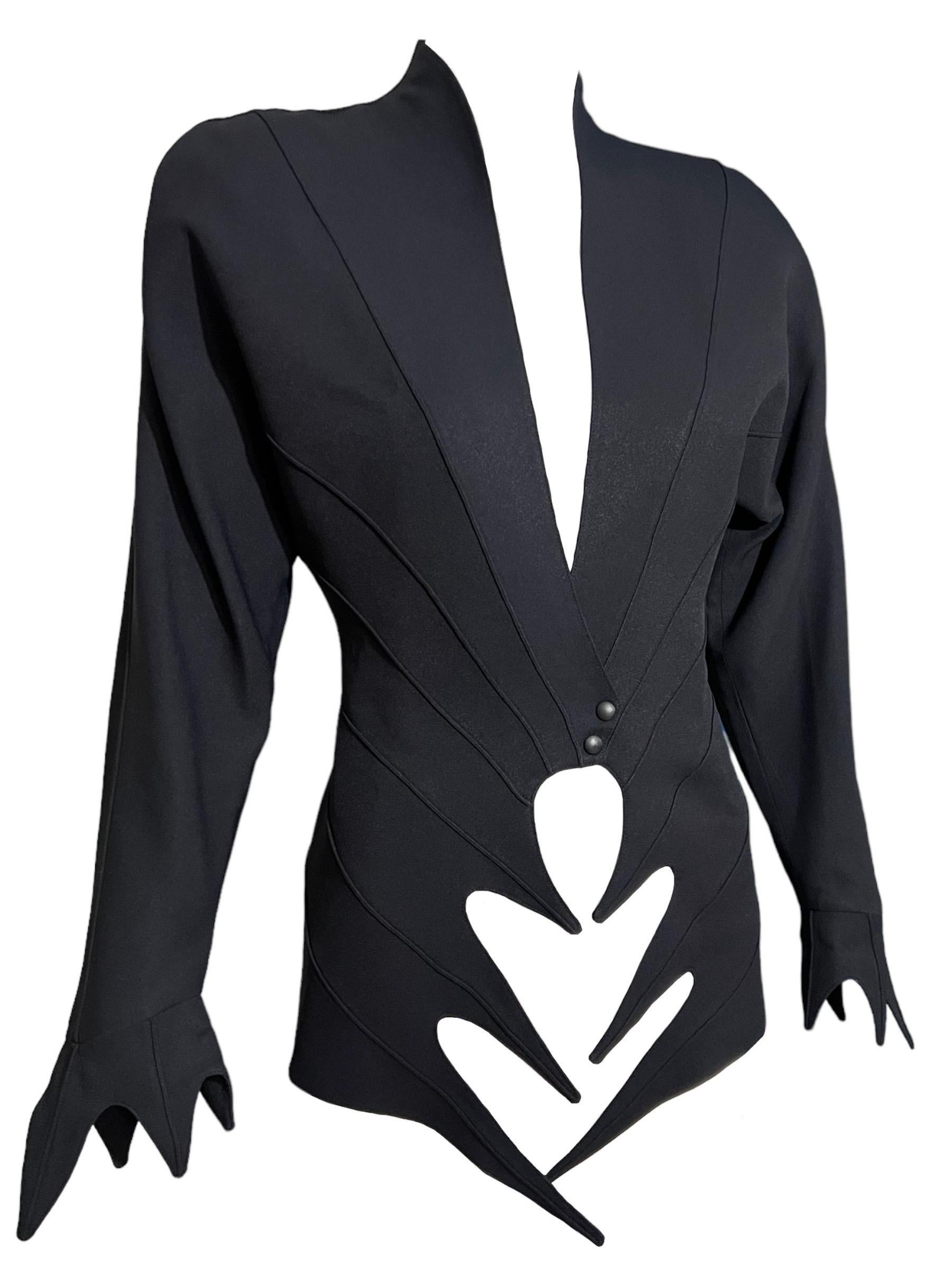 S/S 1989 Thierry Mugler Runway Sculptural Black Pointed Cutout Jacket For Sale 1