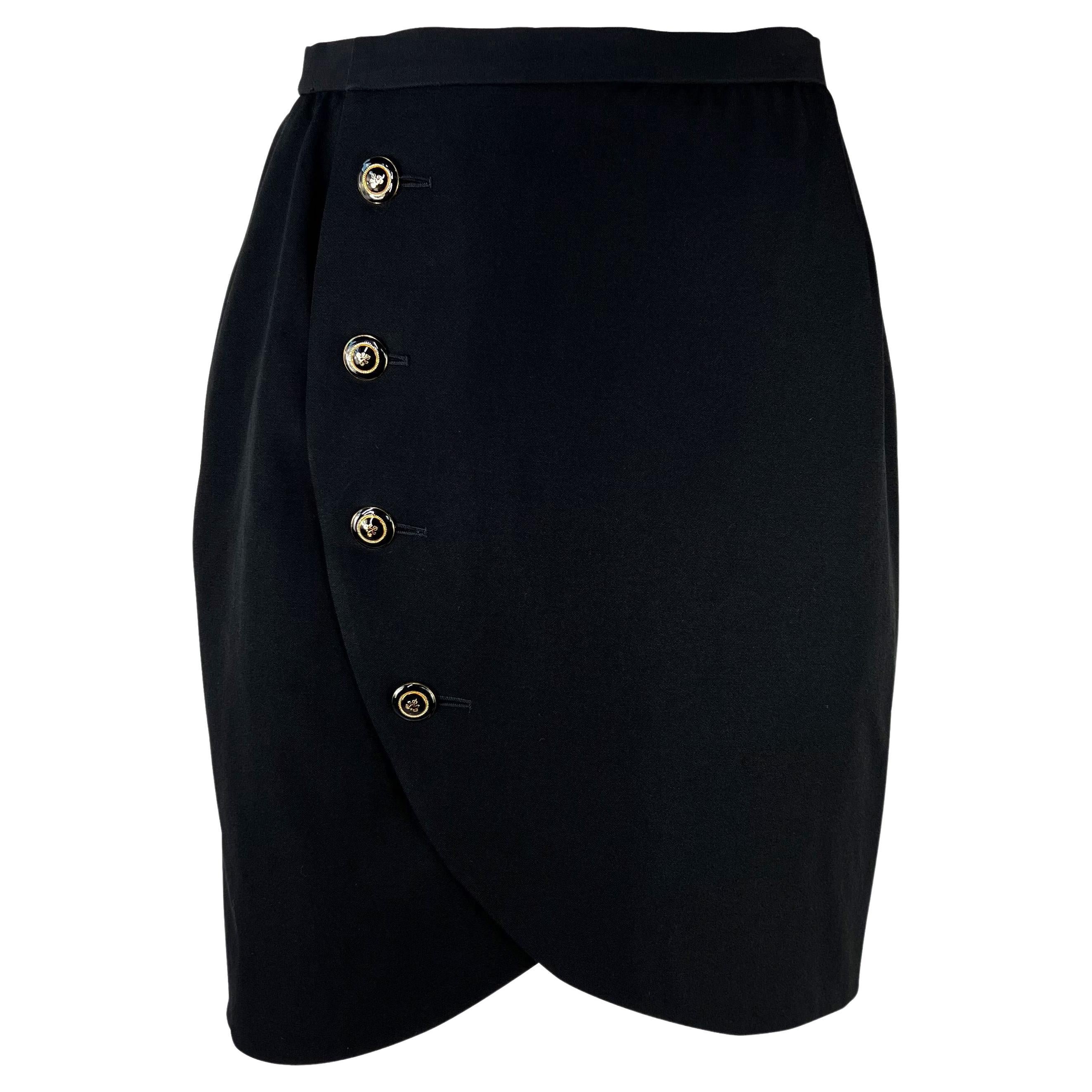 S/S 1989 Yves Saint Laurent Rive Gauche Black Wool Wrap Button Skirt For Sale