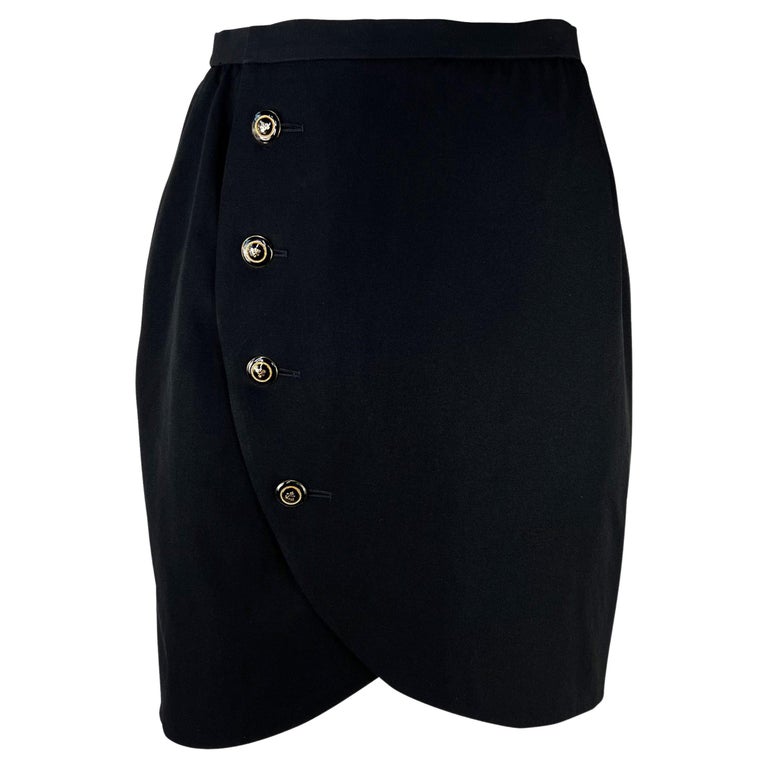 S/S 1989 Yves Saint Laurent Rive Gauche Black Wool Wrap Button Skirt ...