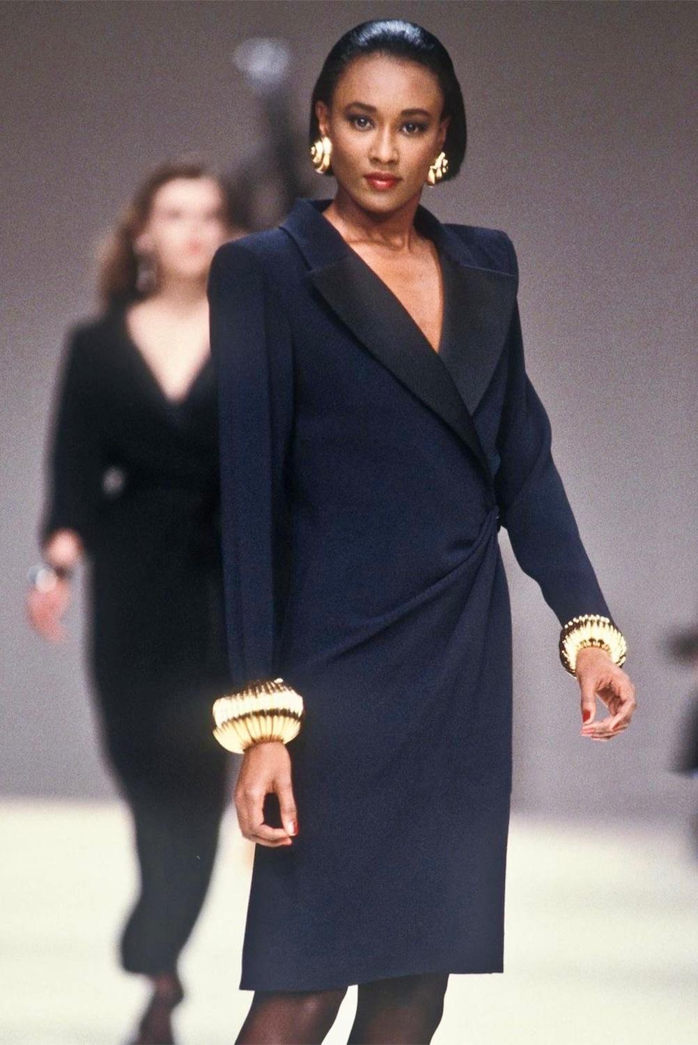 Black S/S 1989 Yves Saint Laurent Runway Navy Blue Le Smoking Tuxedo Wrap Dress For Sale