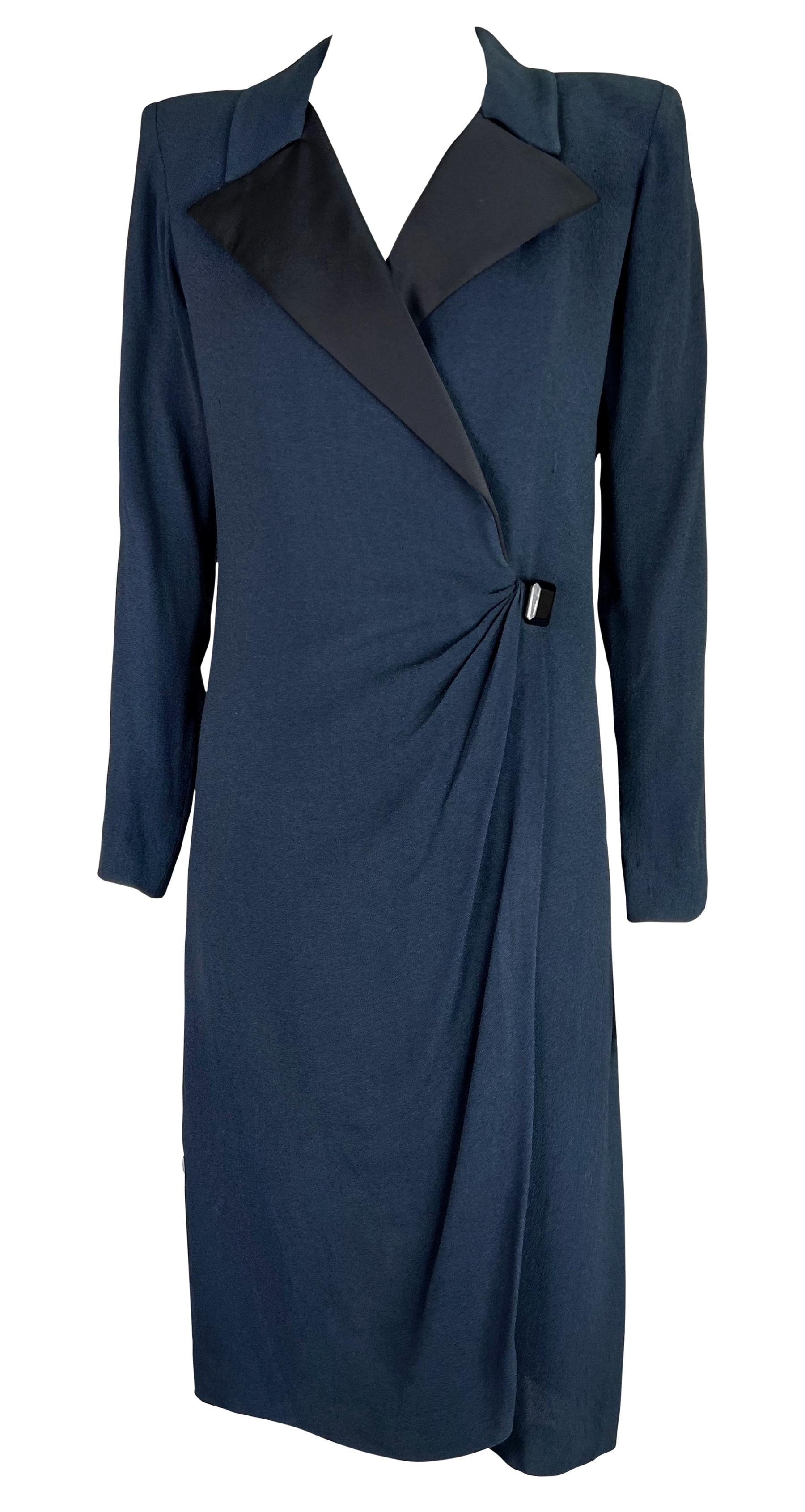 S/S 1989 Yves Saint Laurent Runway Navy Blue Le Smoking Tuxedo Wrap Dress In Excellent Condition For Sale In West Hollywood, CA
