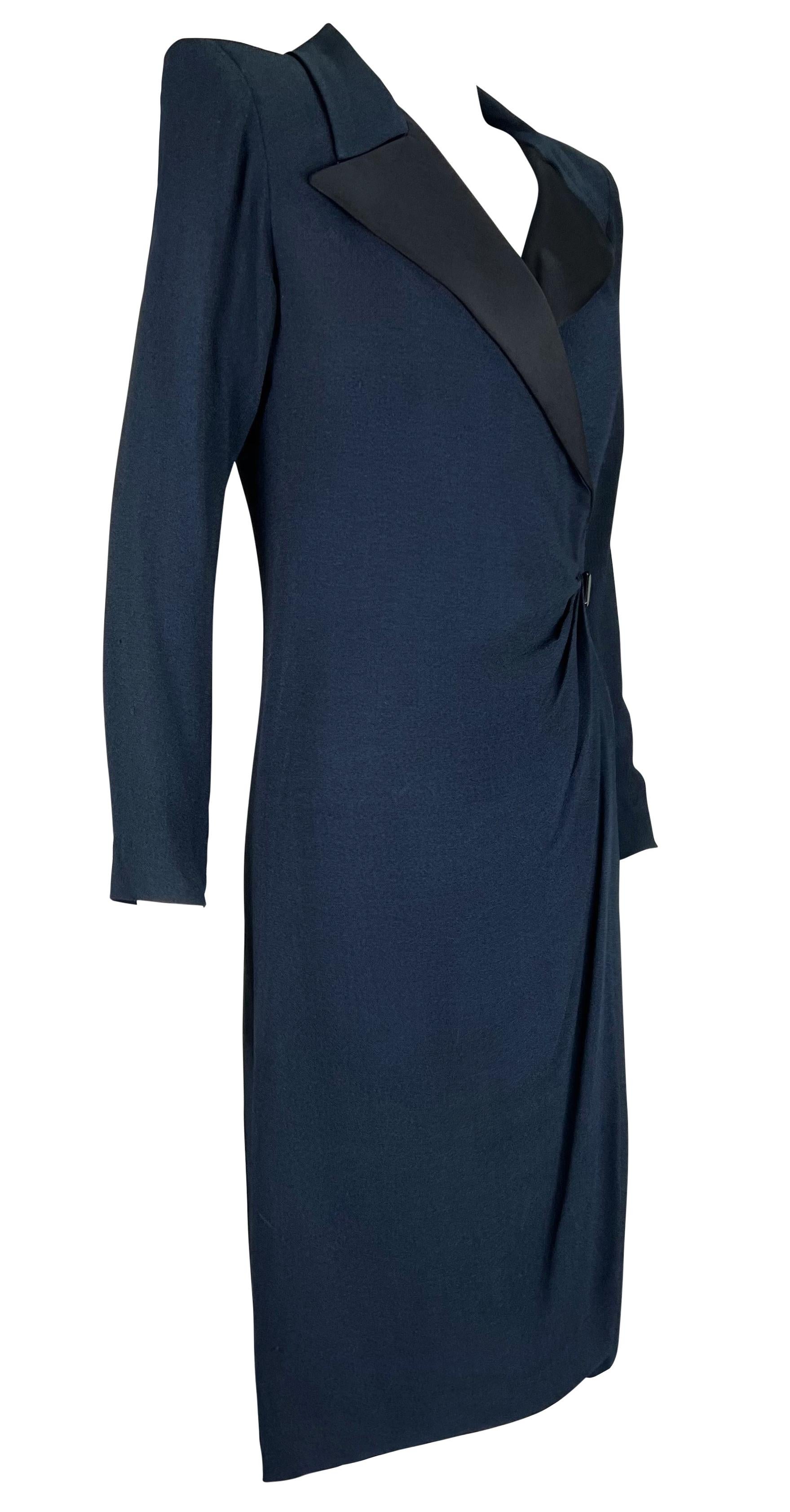 S/S 1989 Yves Saint Laurent Runway Navy Blue Le Smoking Tuxedo Wrap Dress For Sale 3