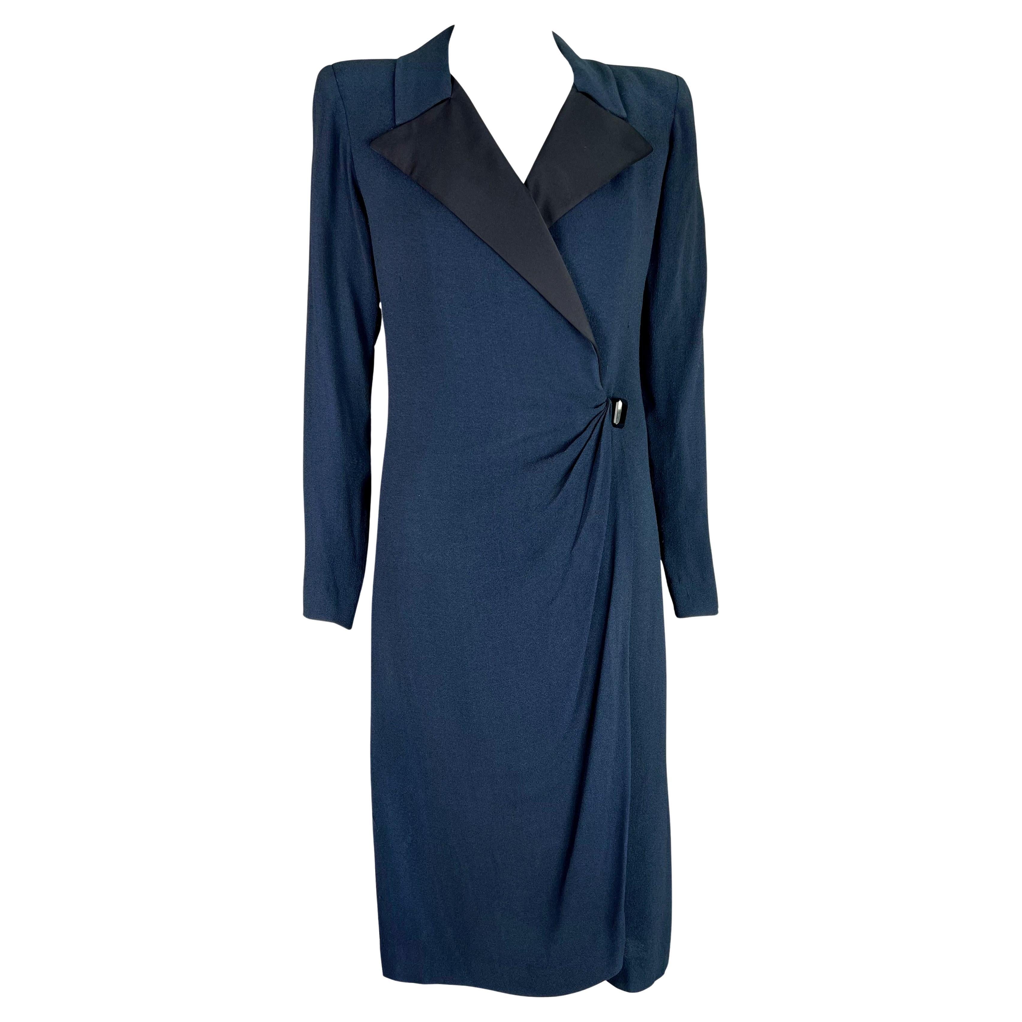 S/S 1989 Yves Saint Laurent Runway Navy Blue Le Smoking Tuxedo Wrap Dress For Sale