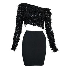 S/S 1990 Dolce & Gabbana Runway Black Beaded Crop Top & Mini Skirt Set