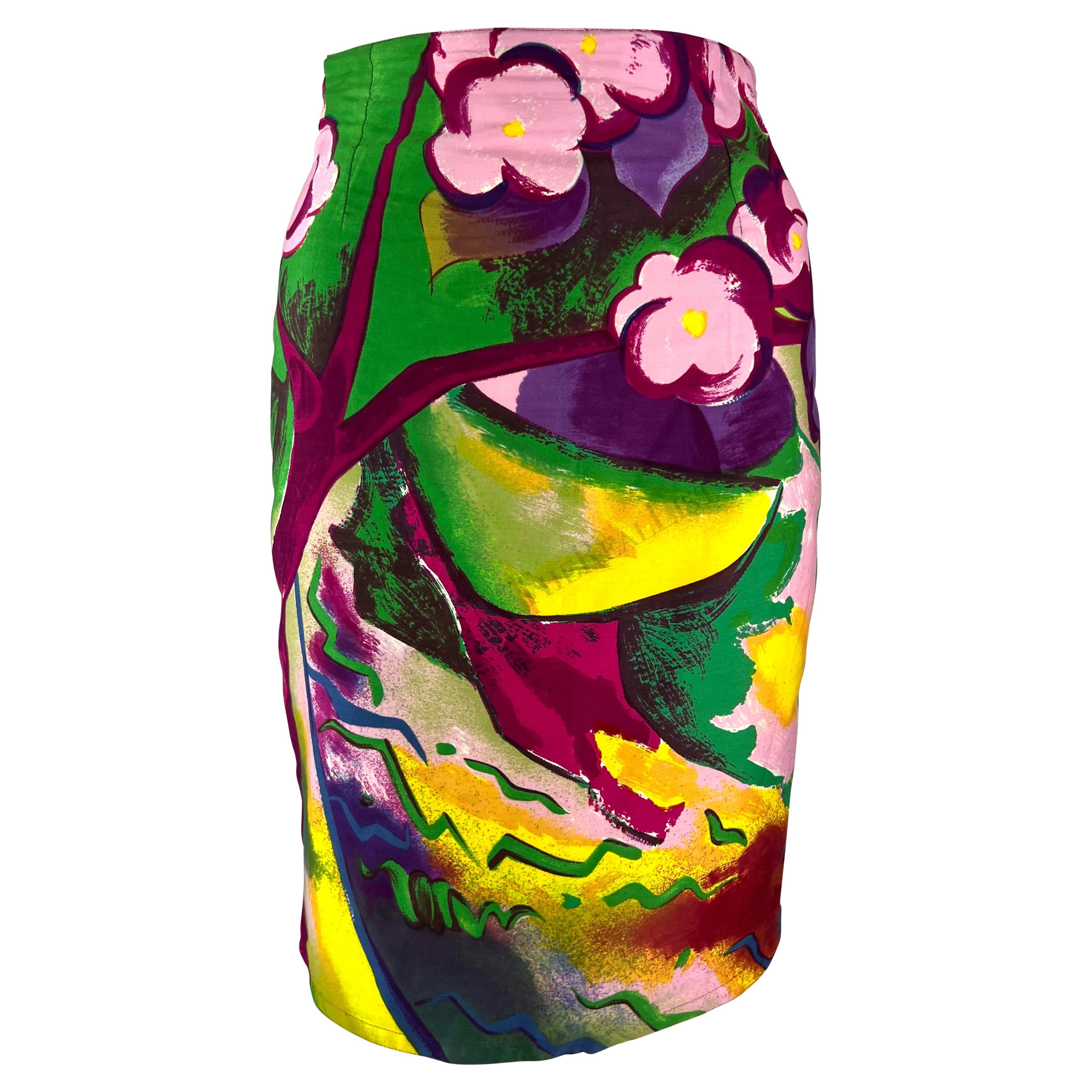S/S 1990 Gianni Versace Falda lápiz con estampado floral abstracto brillante