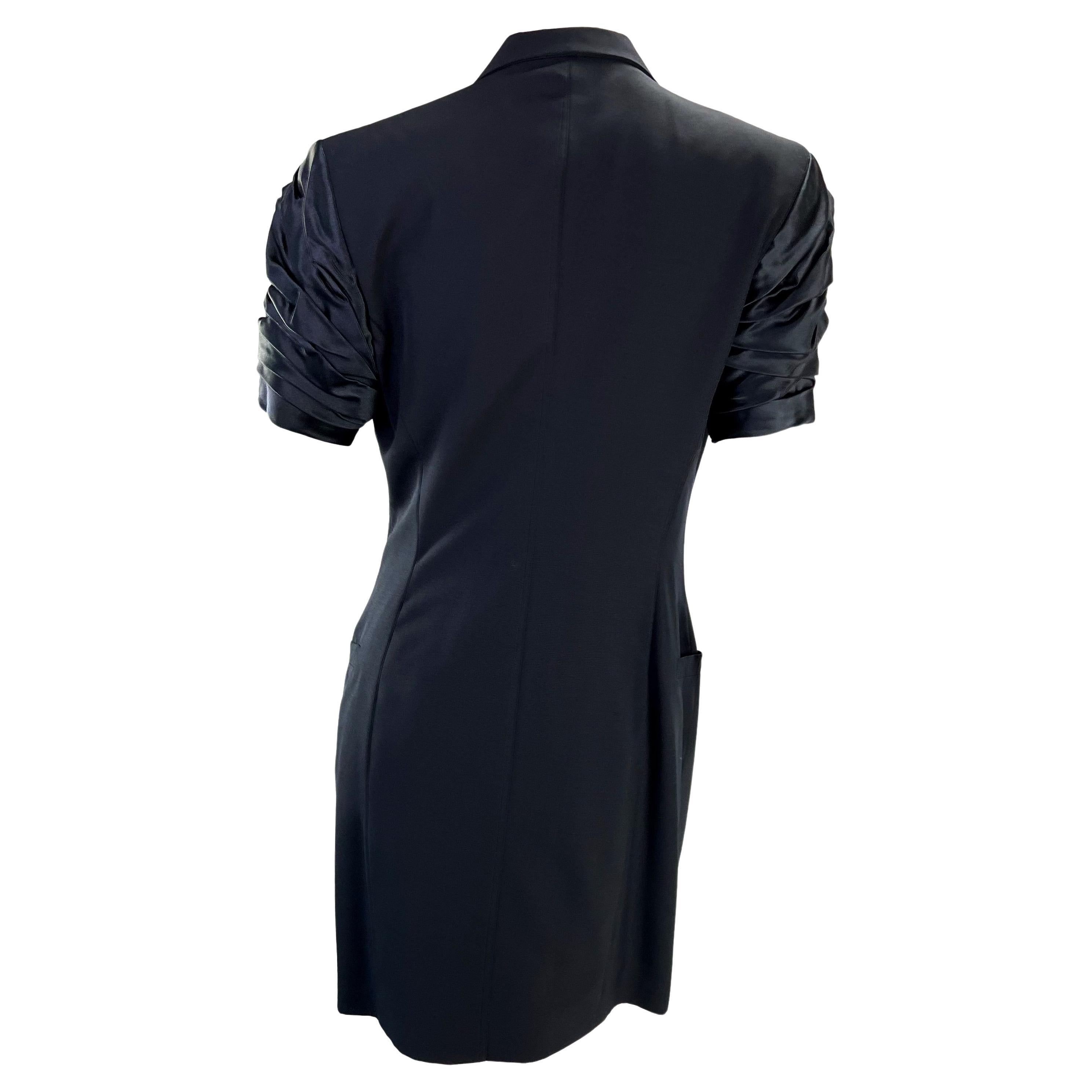 Noir S/S 1990 Gianni Versace Couture Robe blazer froncée style smoking avec strass bleu marine en vente