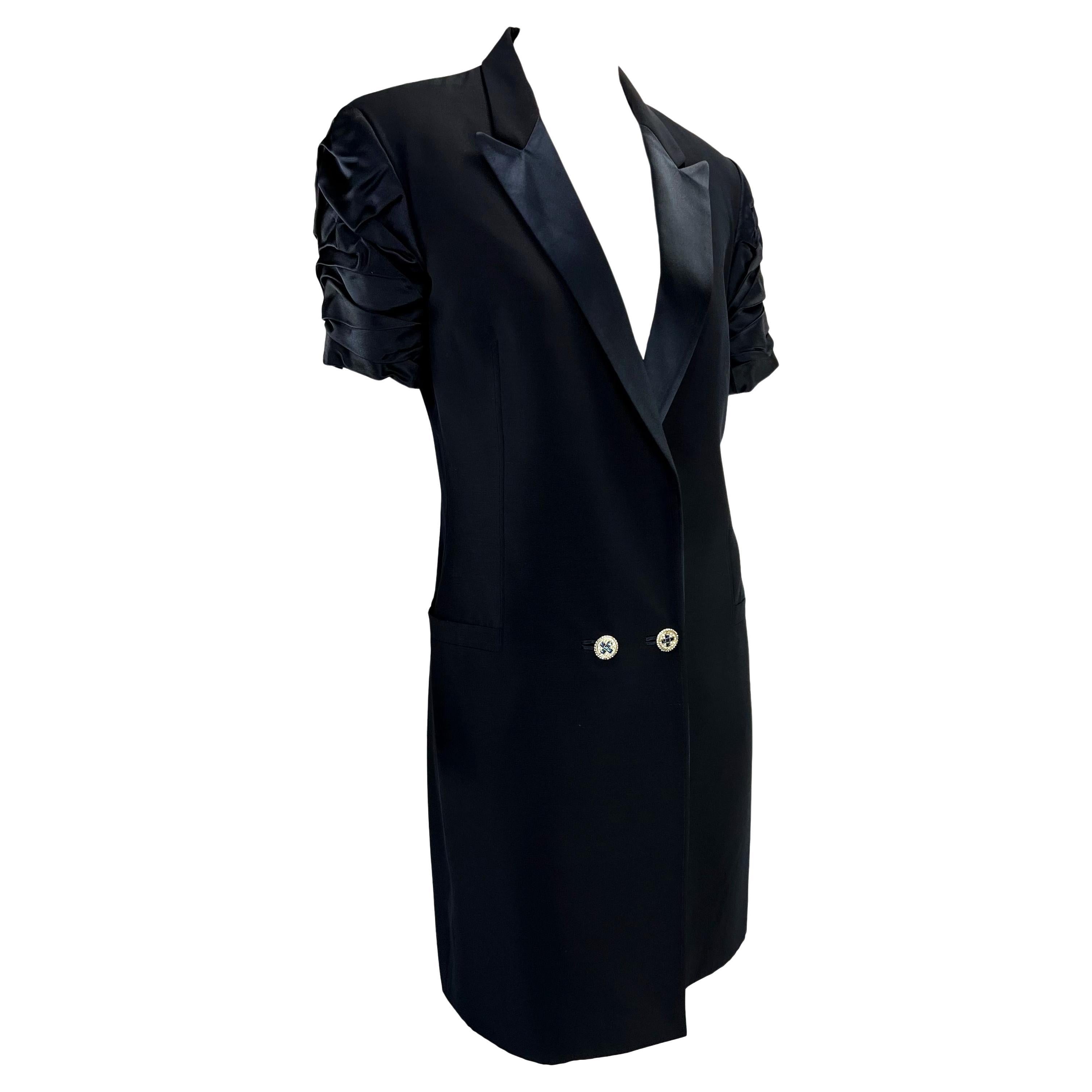 S/S 1990 Gianni Versace Couture Rhinestone Tuxedo Navy Ruched Blazer Dress In Excellent Condition For Sale In West Hollywood, CA