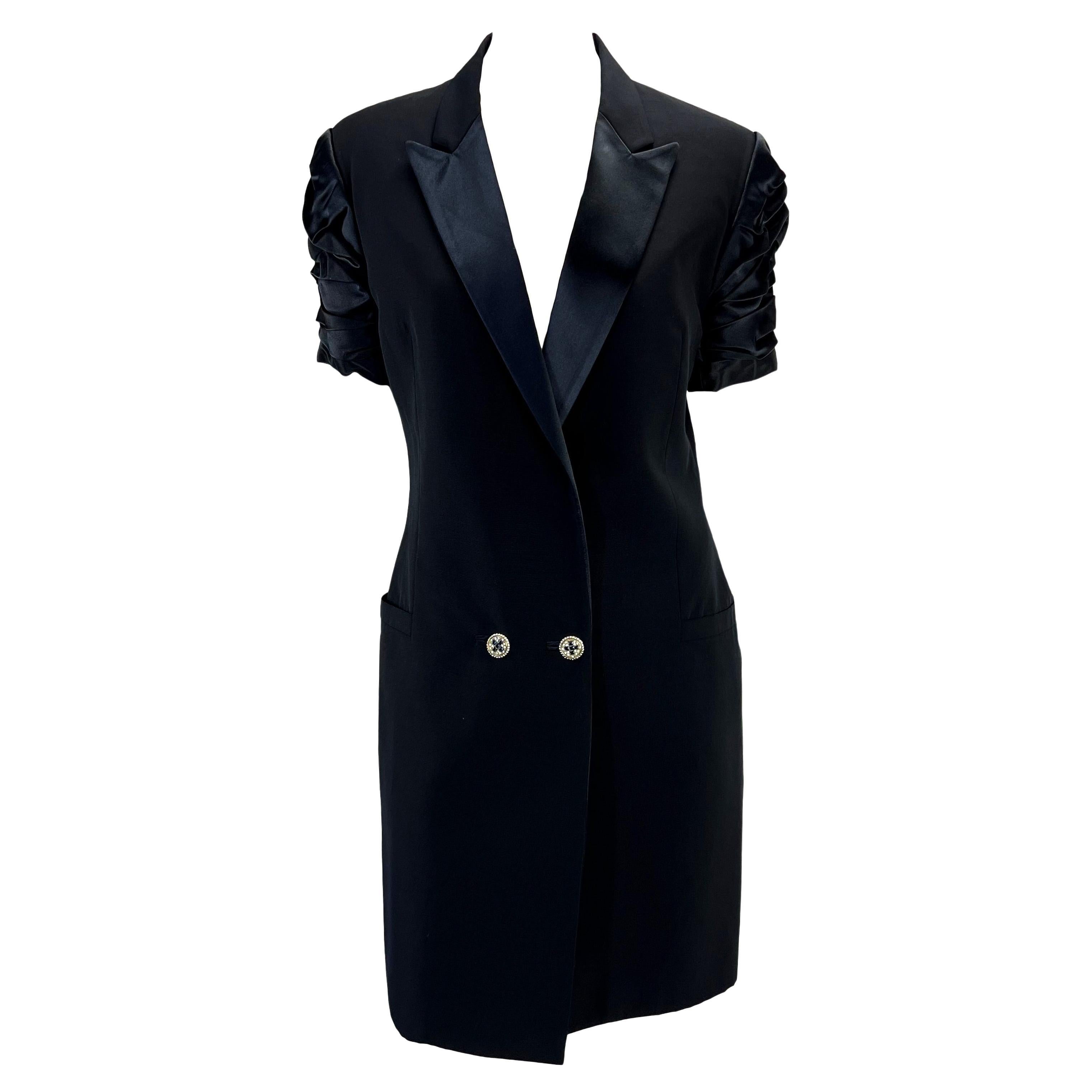 S/S 1990 Gianni Versace Couture Rhinestone Tuxedo Navy Ruched Blazer Dress For Sale