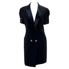 Retro S/S 1990 Gianni Versace Couture Rhinestone Tuxedo Navy Ruched Blazer Dress