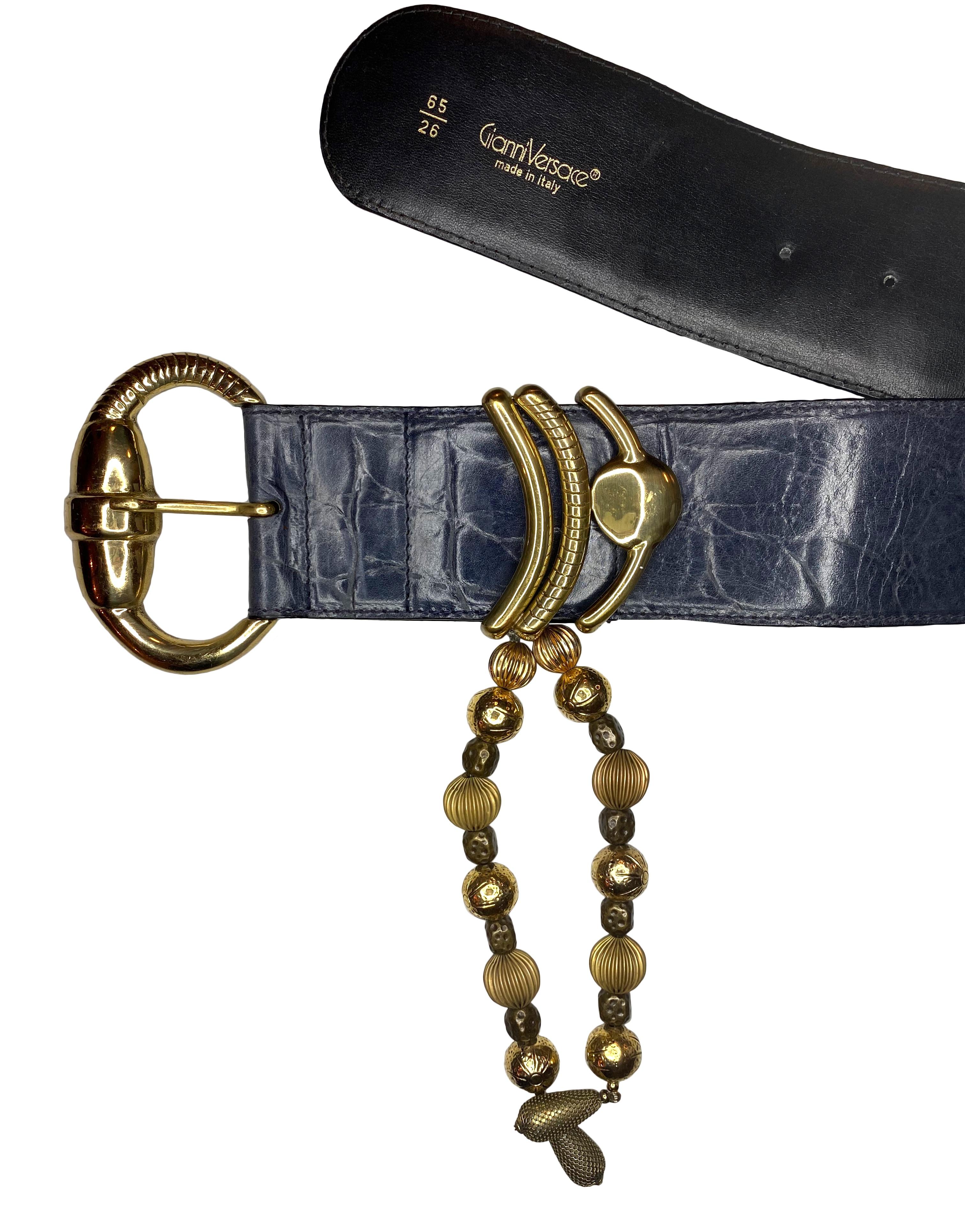 Black S/S 1990 Gianni Versace Runway Navy Leather Gold Metal Bead Pendant Belt