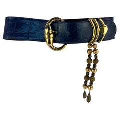S/S 1990 Gianni Versace Runway Navy Leather Gold Metal Bead Pendant Belt