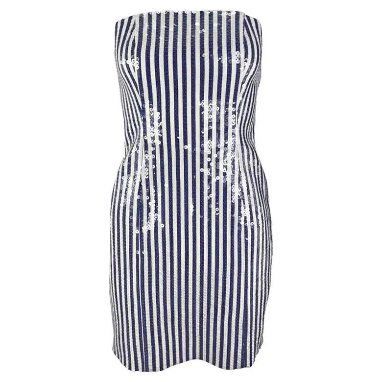 S/S 1990 Michael Kors Laufsteg Blau-weiß gestreiftes trägerloses Minikleid mit Paillettenbesatz im Angebot