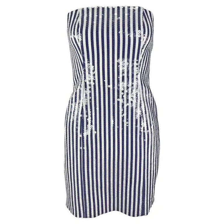 S/S 1990 Michael Kors Runway Blue White Sequin Striped Strapless Mini Dress  For Sale at 1stDibs | white and blue sequin dress