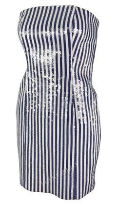 S/S 1990 Michael Kors Runway Blue White Sequin Striped Strapless Mini Dress