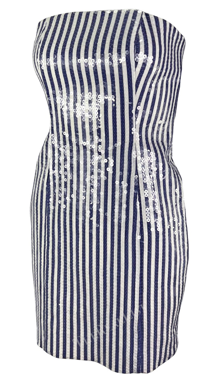 S/S 1990 Michael Kors Runway Blue White Sequin Striped Strapless Mini Dress  For Sale at 1stDibs | white and blue sequin dress