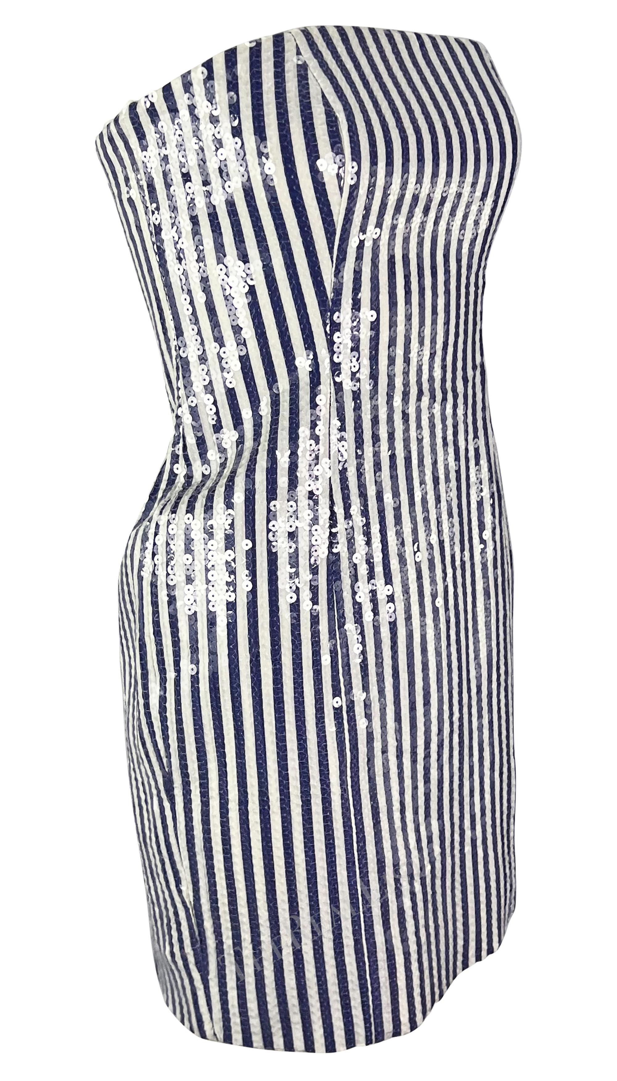 S/S 1990 Michael Kors Laufsteg Blau-weiß gestreiftes trägerloses Minikleid mit Paillettenbesatz im Zustand „Hervorragend“ im Angebot in West Hollywood, CA
