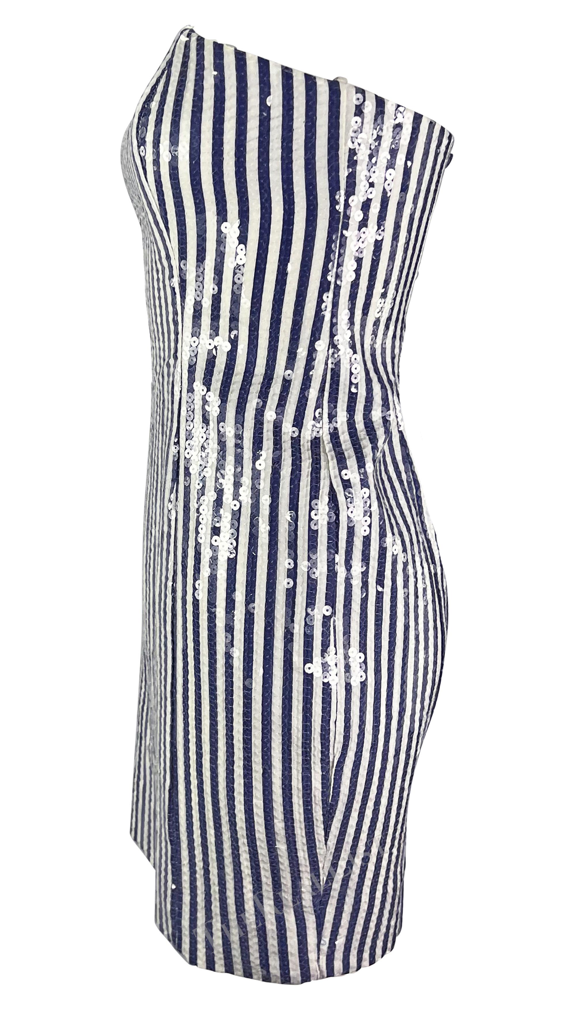 Women's S/S 1990 Michael Kors Runway Blue White Sequin Striped Strapless Mini Dress For Sale