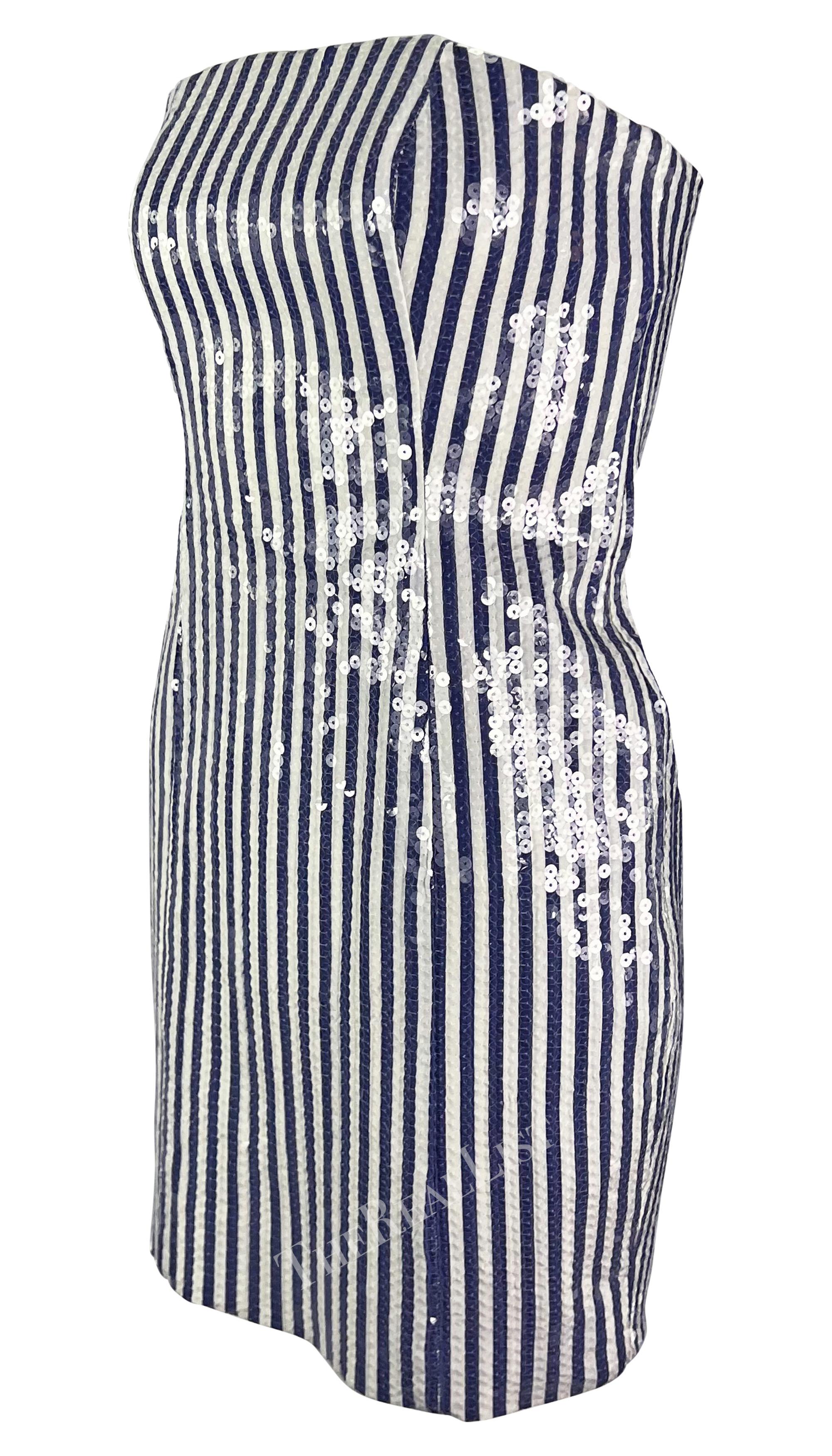 S/S 1990 Michael Kors Runway Blue White Sequin Striped Strapless Mini Dress For Sale 1